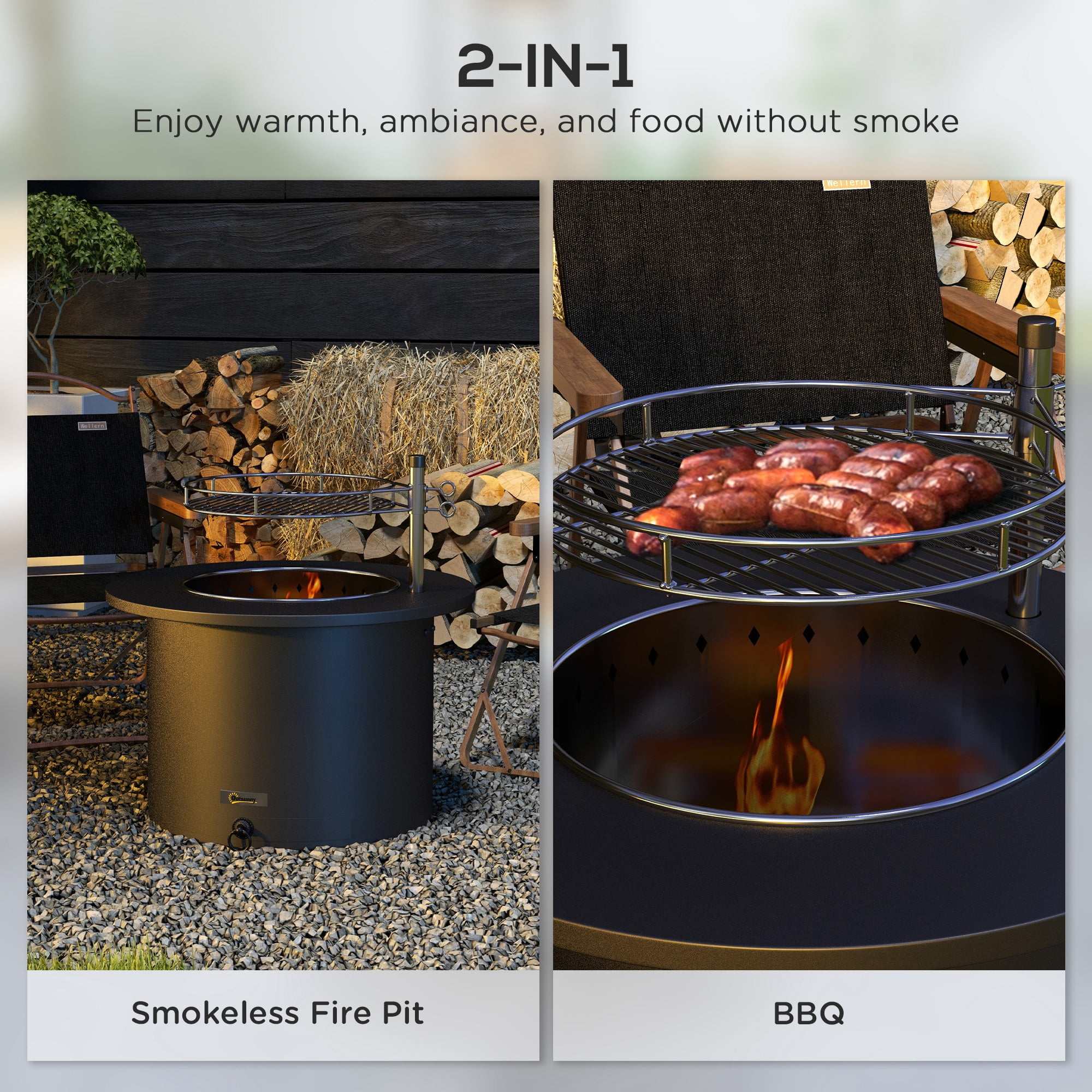 Outsunny 25" Smokeless Fire Pit, 2-in-1 Stainless Steel Firepit with Grill, Portable Wood Burning Fireplace with Poker and Ash Tray, Black - Image 3