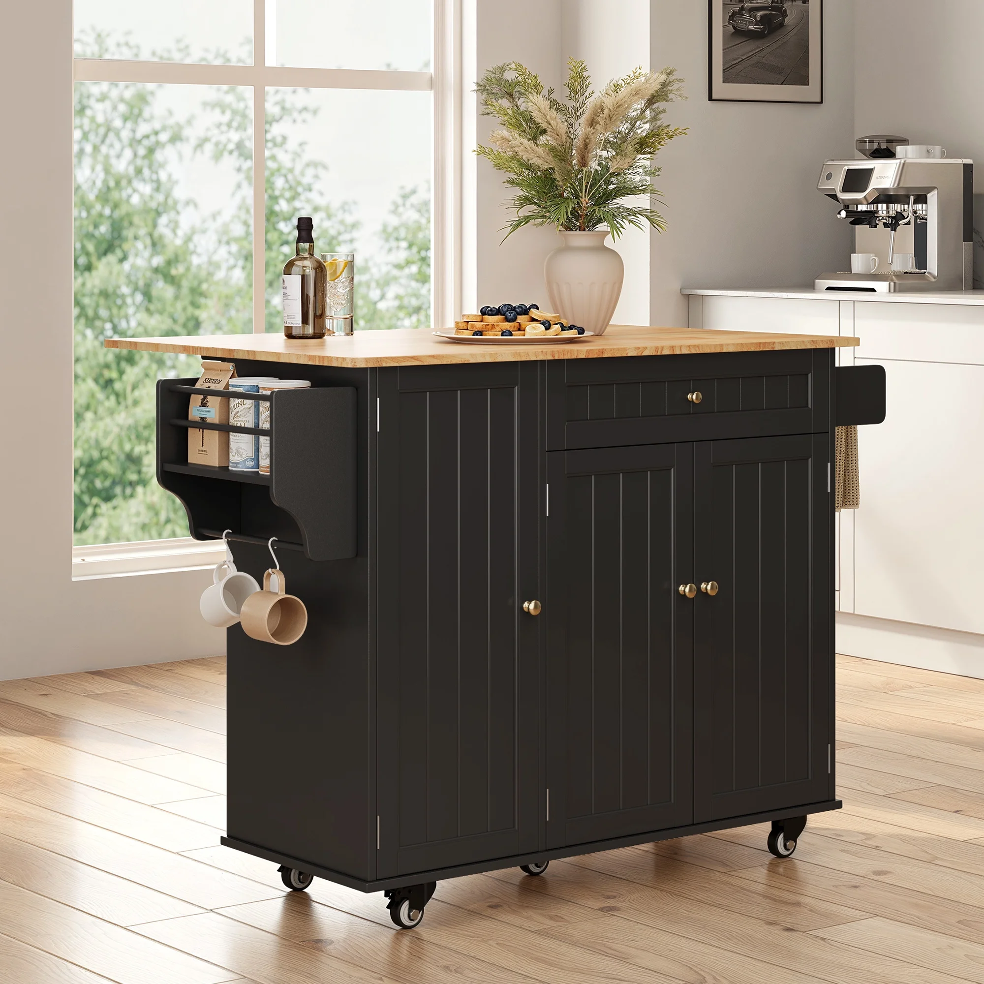 Noelse Kitchen Island with Storage, Island Table for Kitchen with Drop Leaf, Spice Rack, Towel Bar for Small Kitchens, White - Image 25