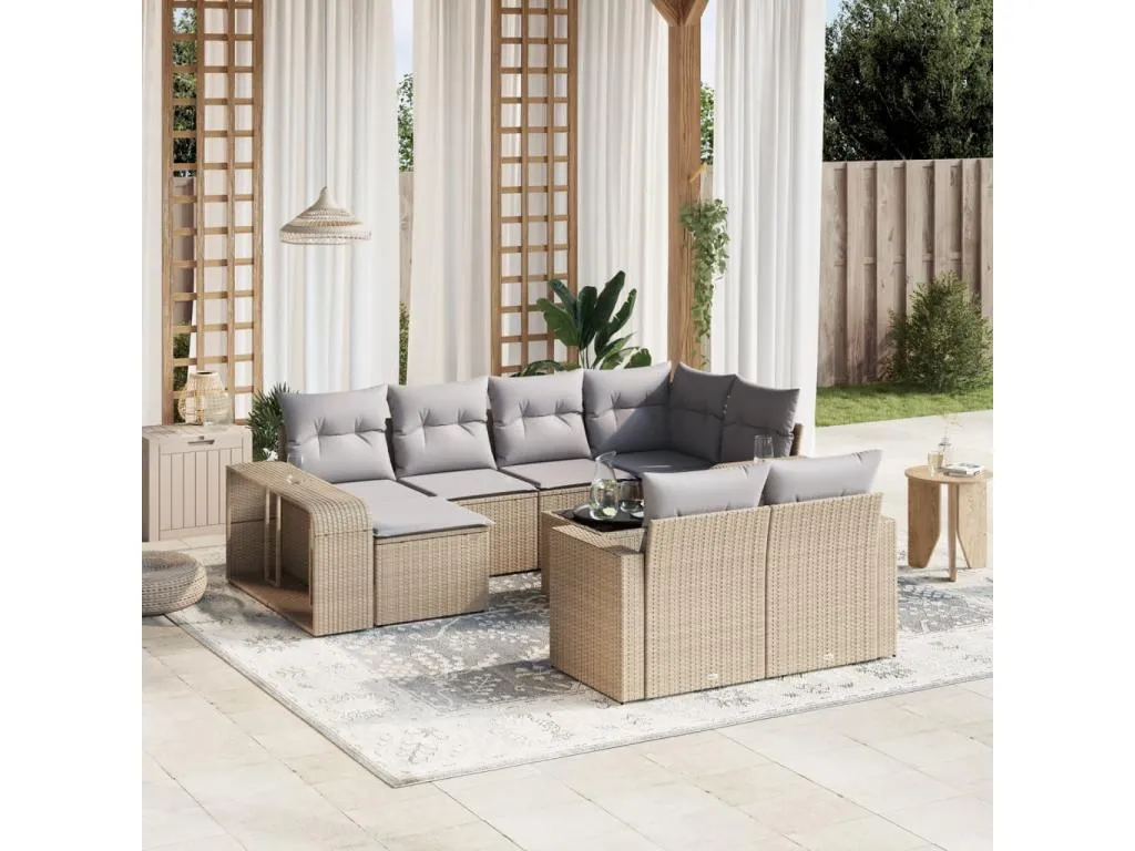 Set de sofás de jardín 11pzas con cojines ratán sintético beige ethi43353