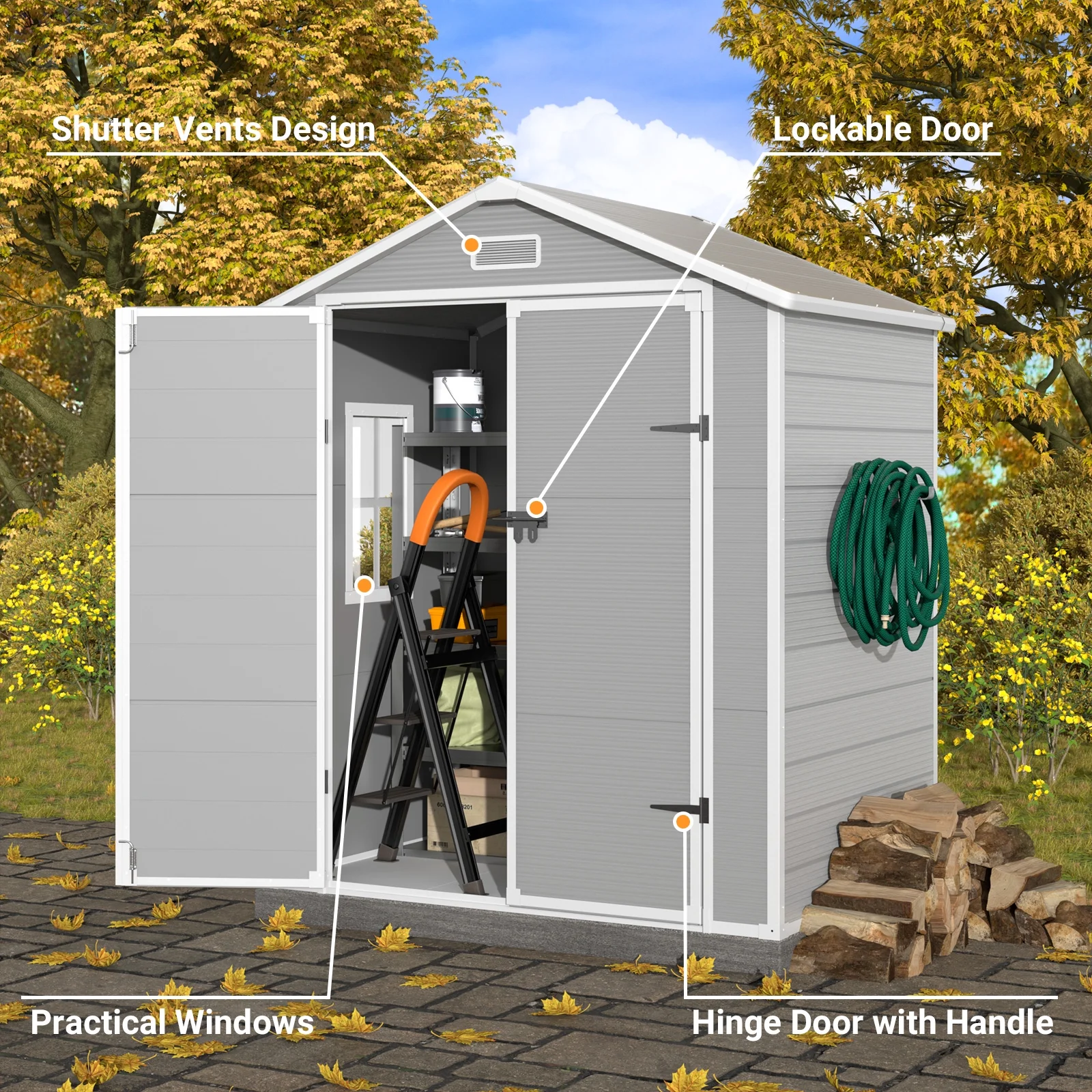 ELPOSUN Outdoor Storage Shed 6x4.5 ft, Resin Outside Sheds & Outdoor Storage Plastic for Trash Can, Bike, Lawnmower, Generator, Tool Shed with Lockable Door for Backyard, Lawn, Patio, Grey & White - Image 5