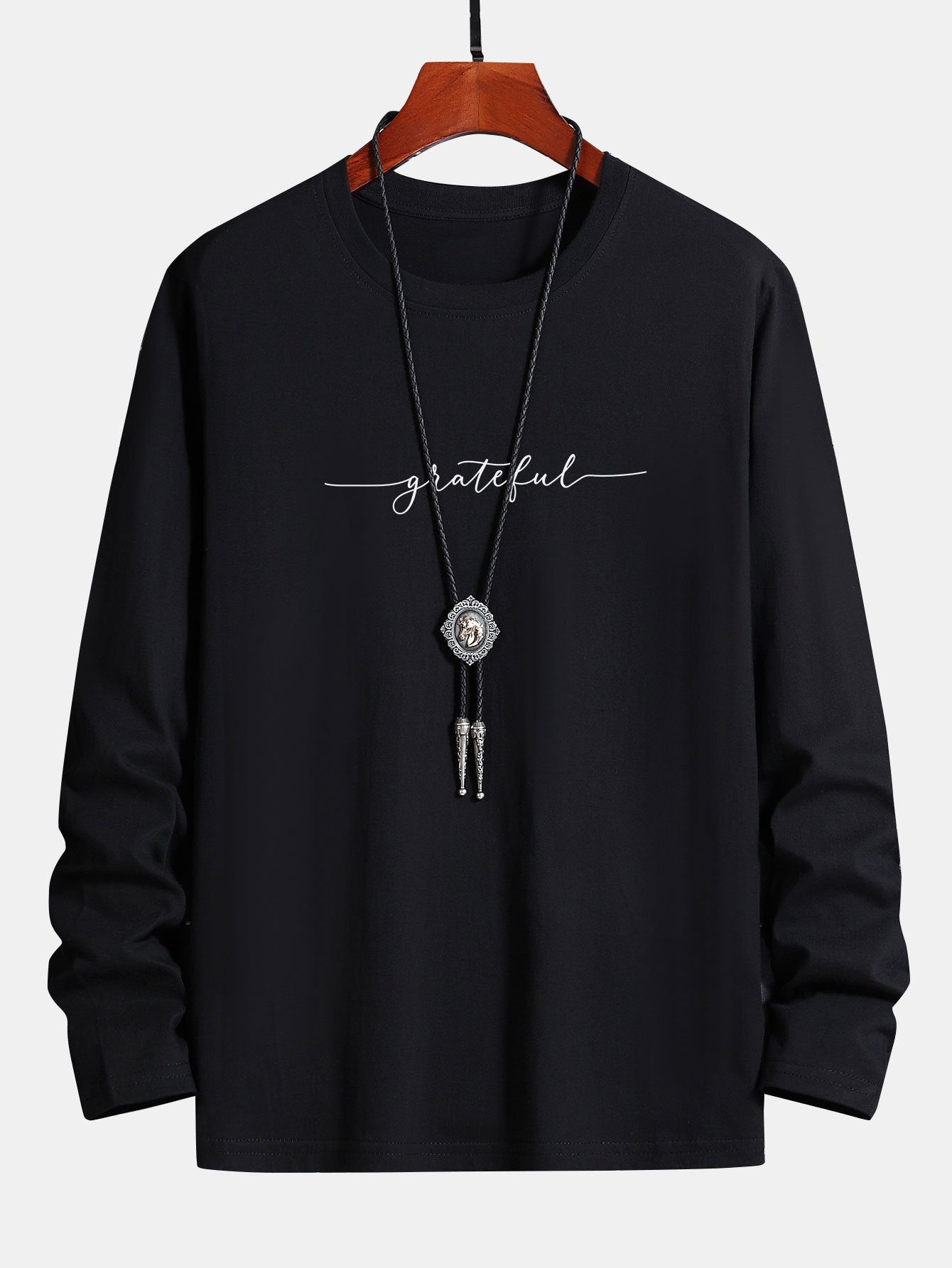 Long Sleeve Grateful Print Cotton T-Shirt