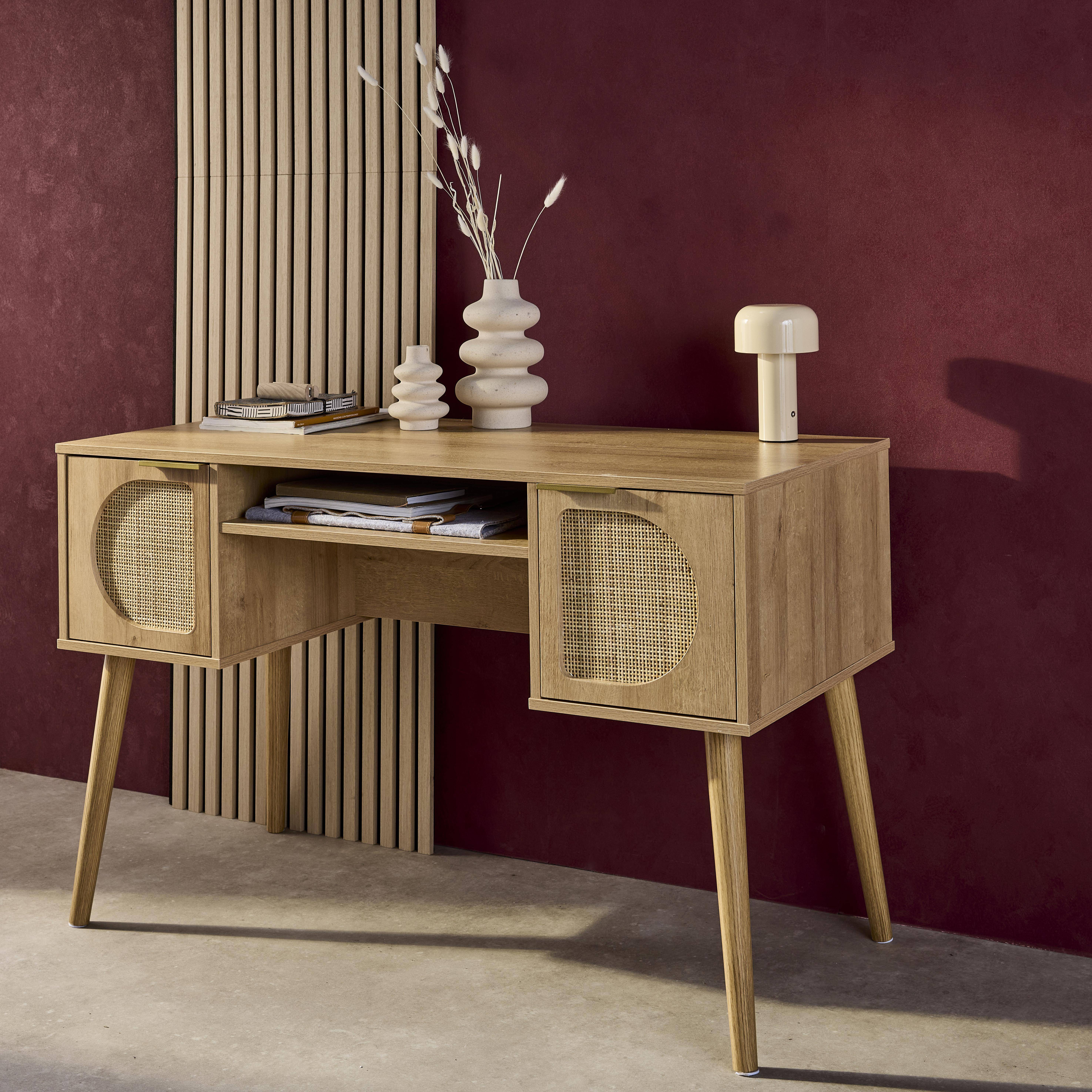 Eva - Oficina efecto madera y mimbre, 2 cajones
