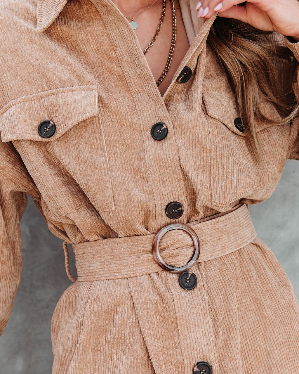 Glimpse Of Autumn Corduroy Belted Mini Dress - Camel - Se7enfashion