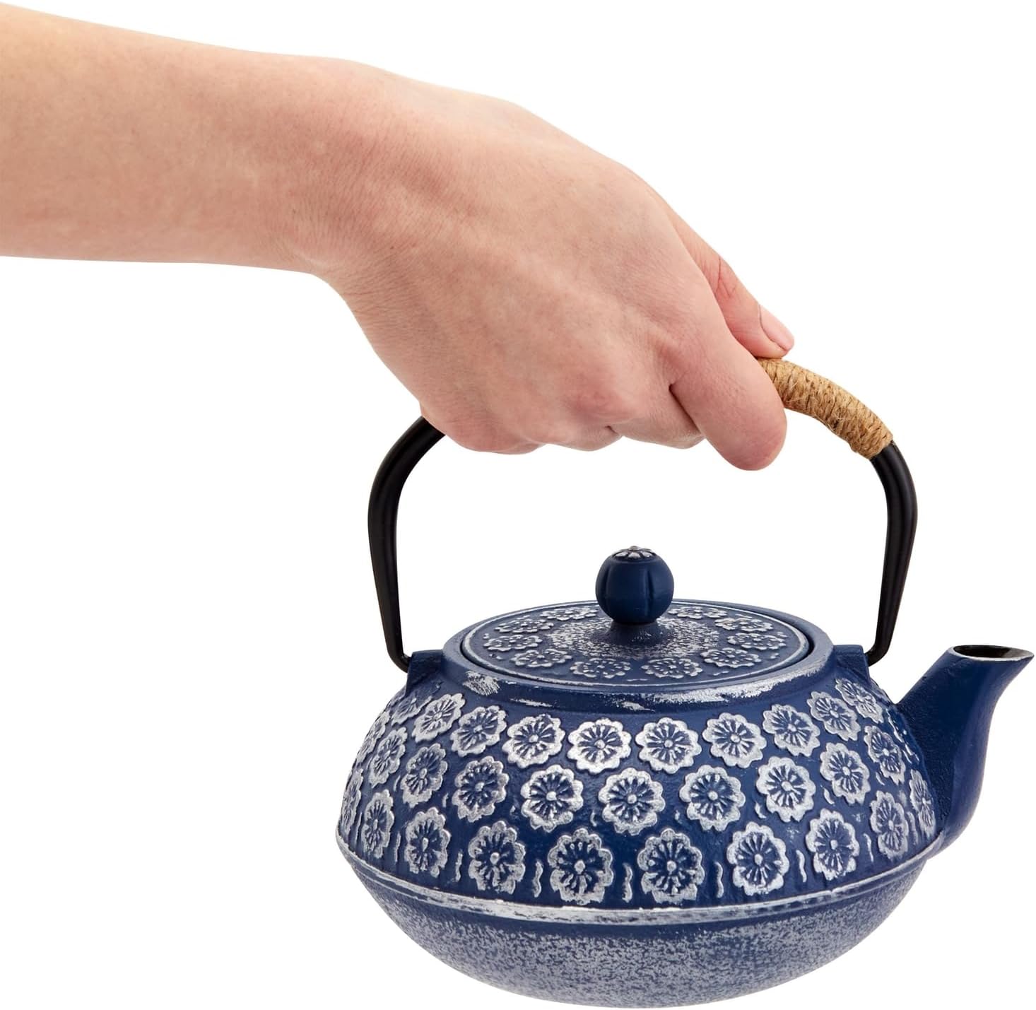 Juvale Japanese Cast Iron Teapot with Infuser - Enhanced Heat Retention in Cast Iron Kettle - Includes Stainless Infuser Basket & Trivet for Teapot Filter Set - 32 Oz, Blue