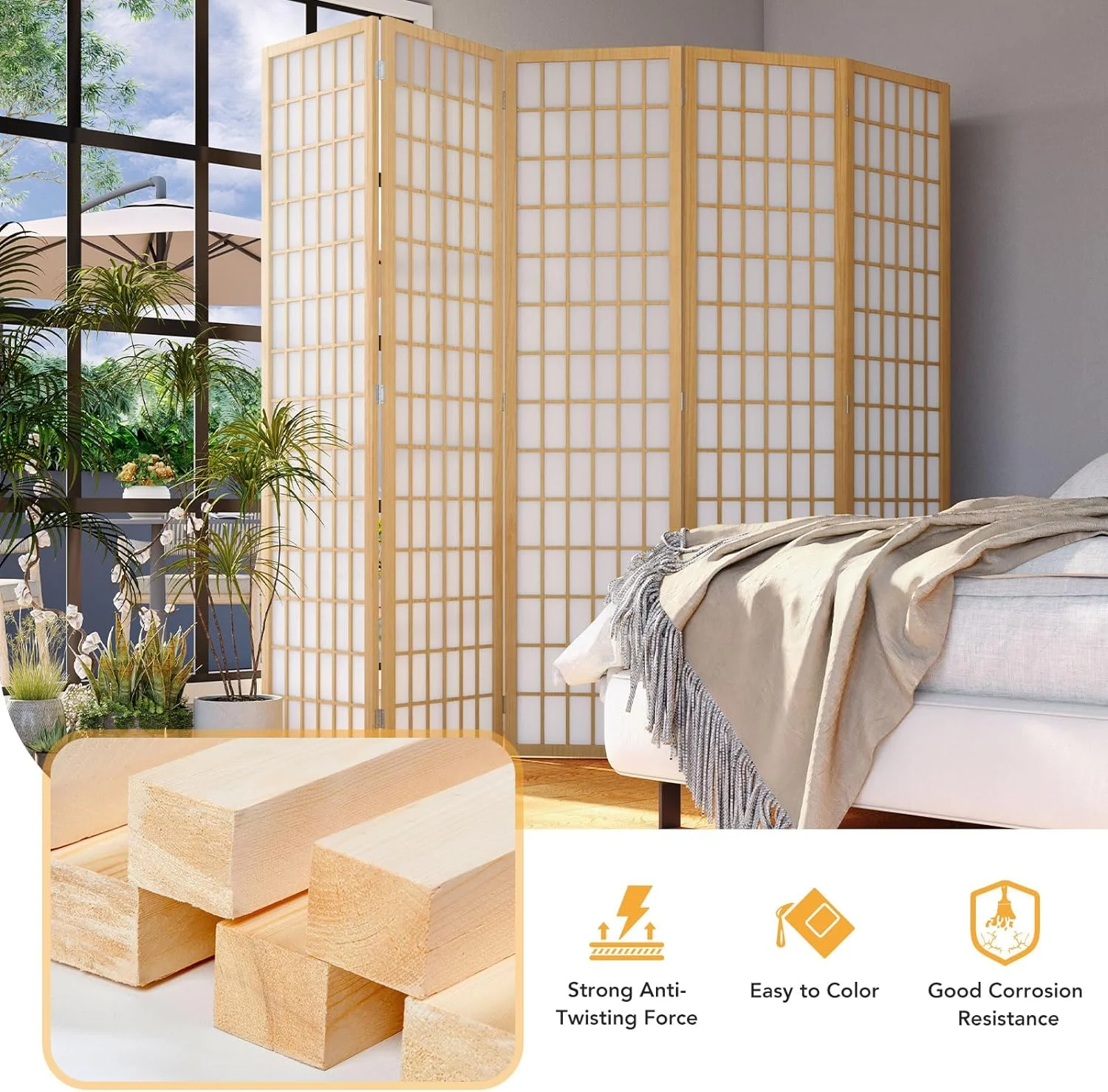 JOSTYLE Room Divider Wall Shoji Screen, 6 Panel Folding Privacy Screen for Room Separation, Japanese Wood Room Divider Screen, 5.9 Ft, Natural - Image 5