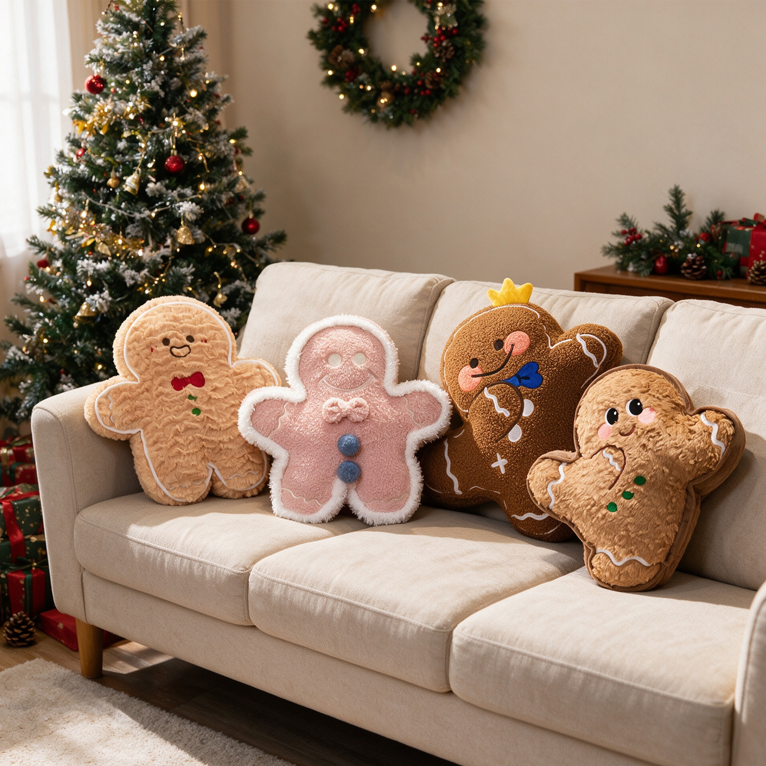 Gingerbread Man Shaped Plush Pillow Soft Fluffy Sherpa Cartoon Christmas Decor Plush Toy for Home Decor Holiday Gift