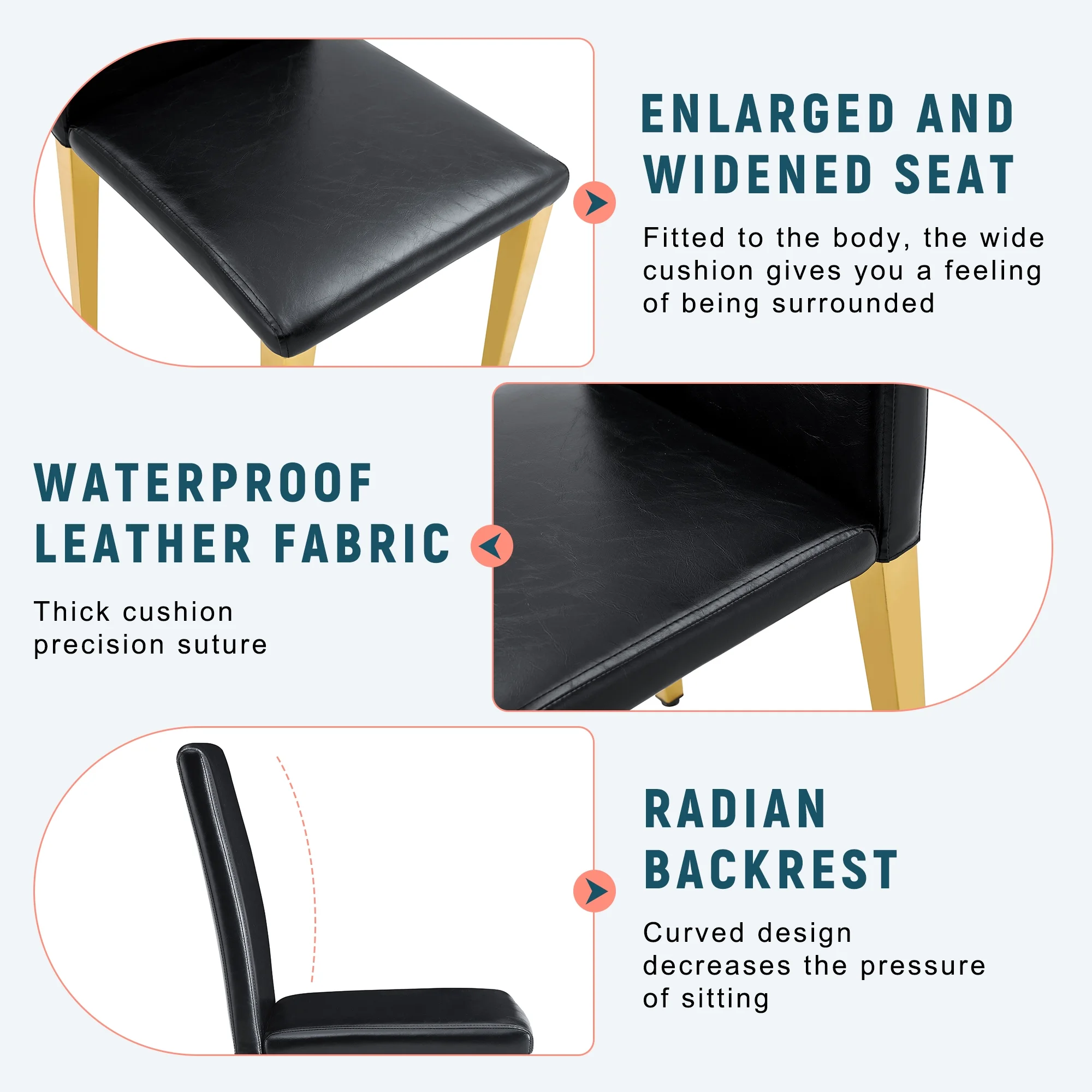 Set of 4 black PU leather backrest chairs with gold metal legs -A perfect pairing, ideal for minimalist and modern home decor styles, with product dimensions of 16.2*18.5*34.6 inches. - Image 7