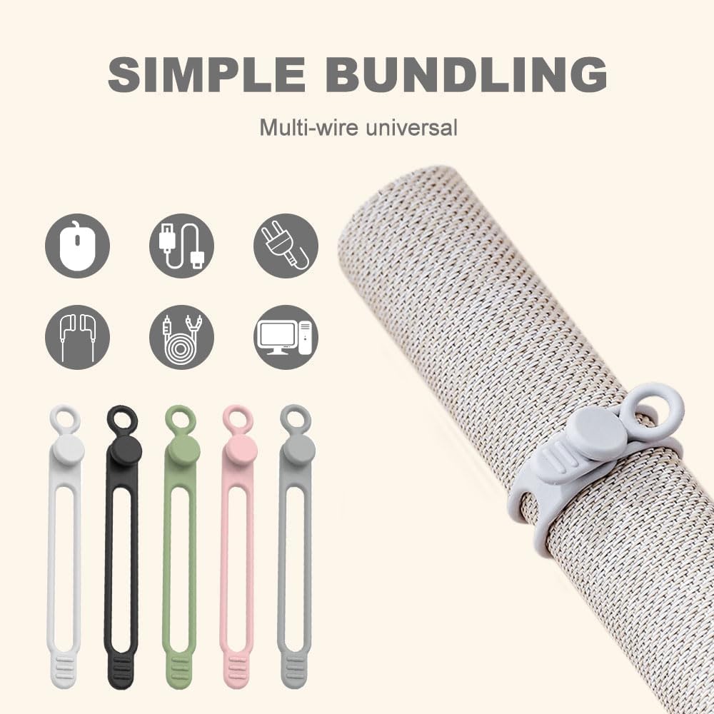 10Pcs Silicone Cable Ties, 2026 New Data Cable Organizer, Silicone Cable Ties Cable Management Organizer, Cable Management for Fastening Charger Home Office Desk Kitchen Appliances Cords Wires (10pcs)