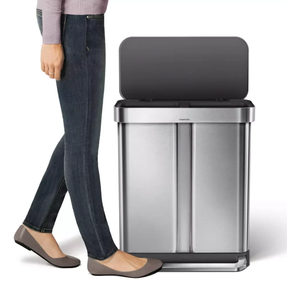 simplehuman 58 Liter / 15.3 Gallon Rectangular Dual Compartment Recycling Step, Brushed Stainless Steel with Soft-Close Plastic Lid Kitchen Trash Can - Image 26