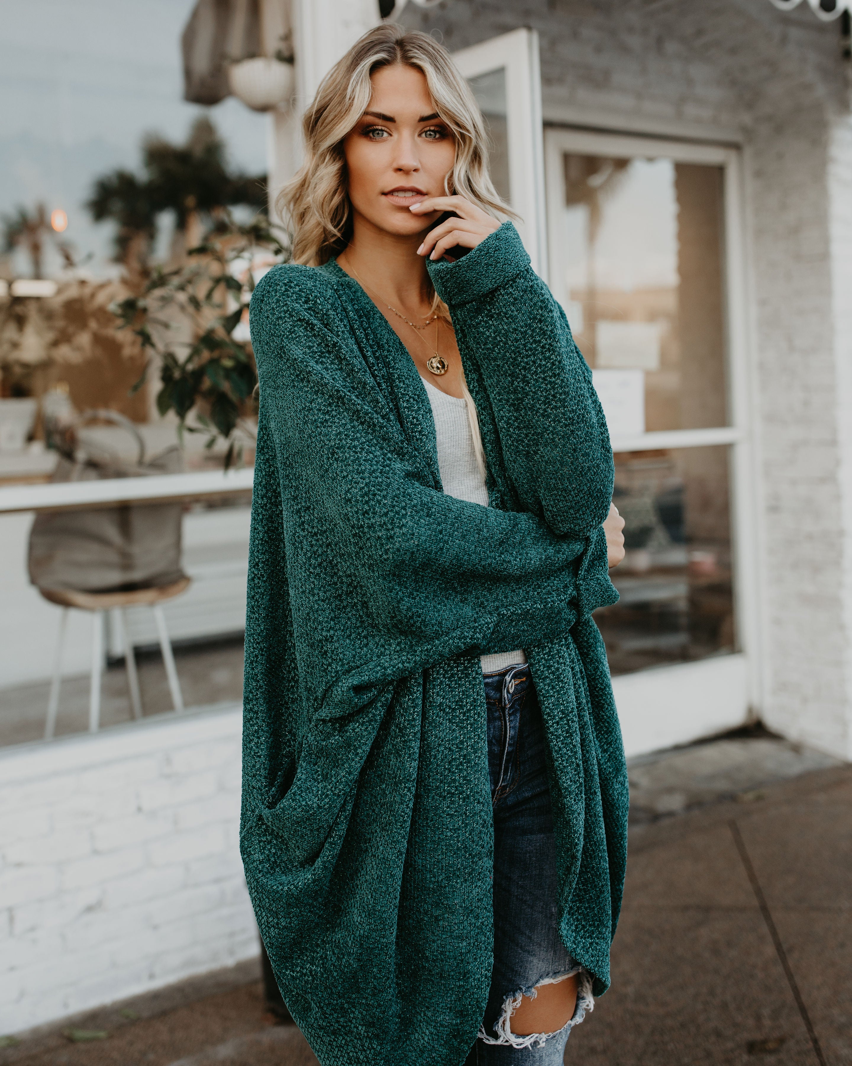 Holiday Spirit Chenille Pocketed Dolman Cardigan - Pine Tree - Se7enfashion