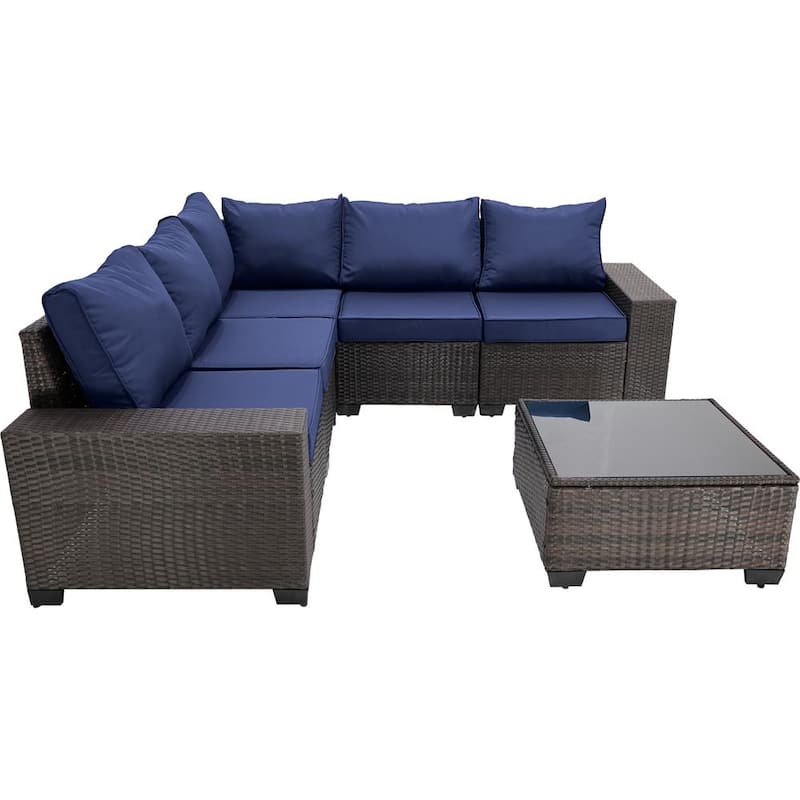 Set de Sofá Seccional para Patio de 6 Piezas en Wicker Marrón con Cojines Azules Oscuros y 1 Mesa de Café kh0189236