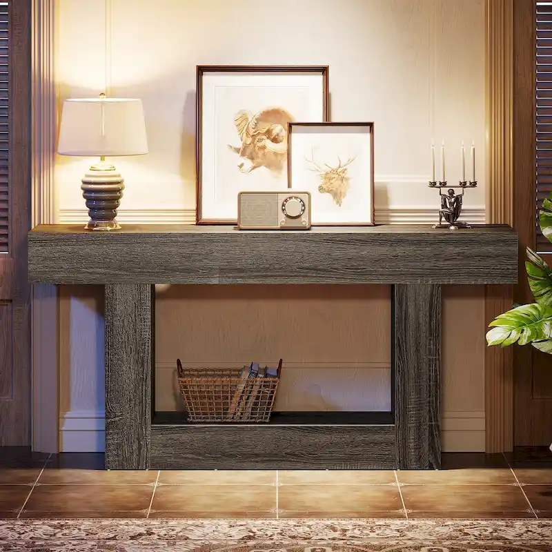 63-Inch Brown and Gray Slim Wooden Console Table for Entryway