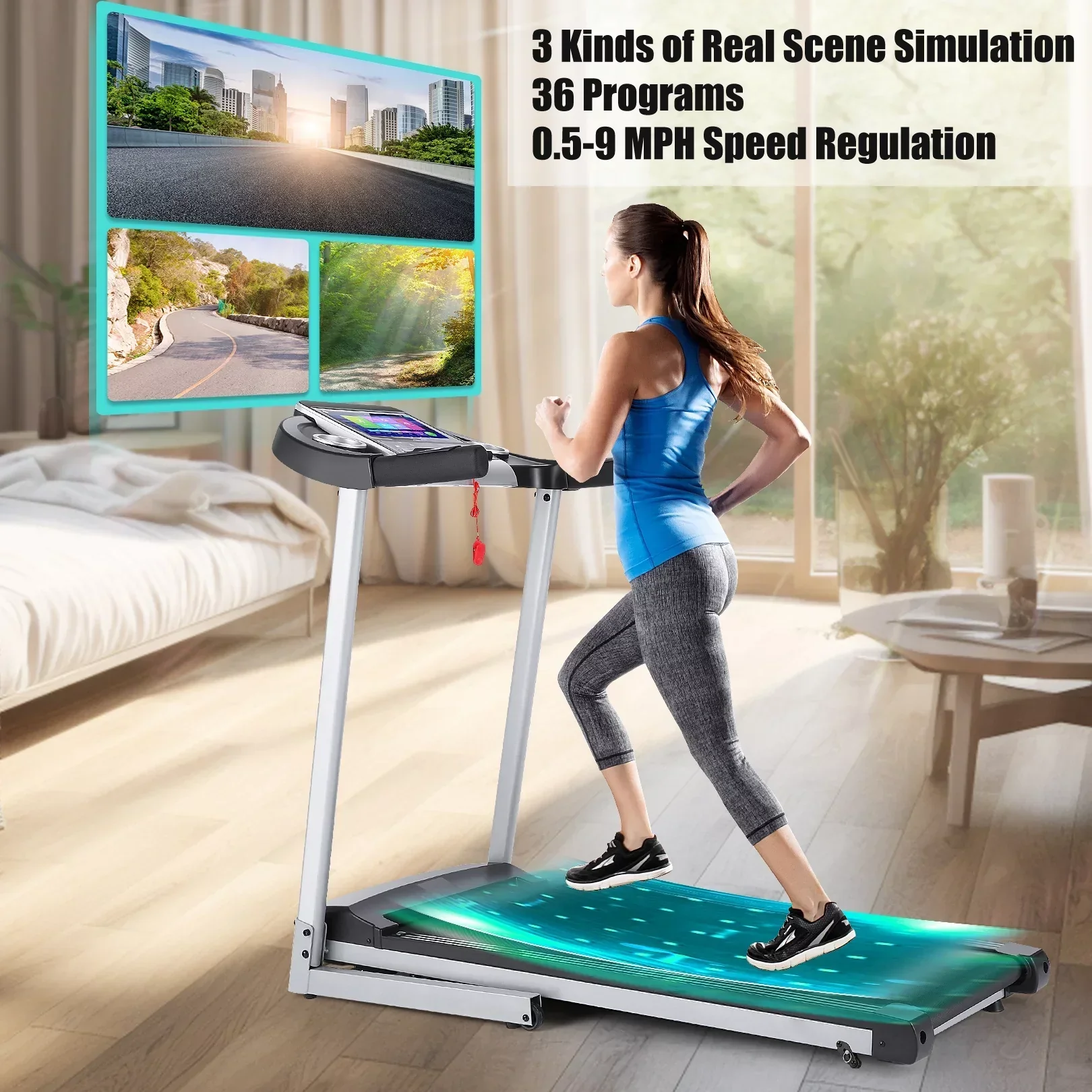 Folding Treadmill With 10 in HD Touchscreen, 3.25HP, 0.5-9MPH, WiFi - Silver - Image 6 Folding Treadmill With 10 in HD Touchscreen, 3.25HP, 0.5-9MPH, WiFi - Silver - Image 6