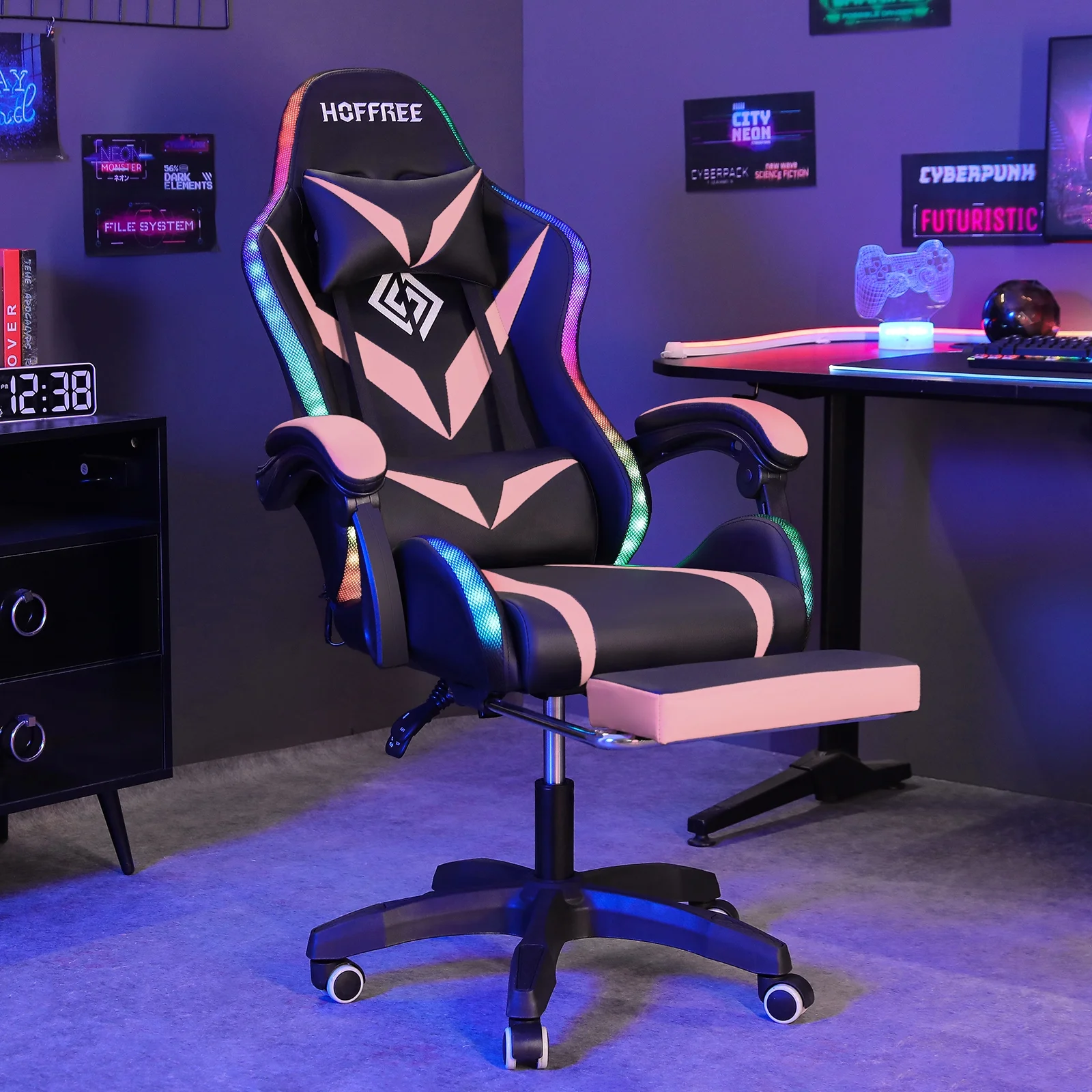 Hoffree Gaming Chair with Speakers PU Leather Office Chair with Footrest and LED Lights Ergonomic Gamer Chair with Massage Lumbar Support and Headrest Adjustable Swivel for Home Office 300lb - Image 20