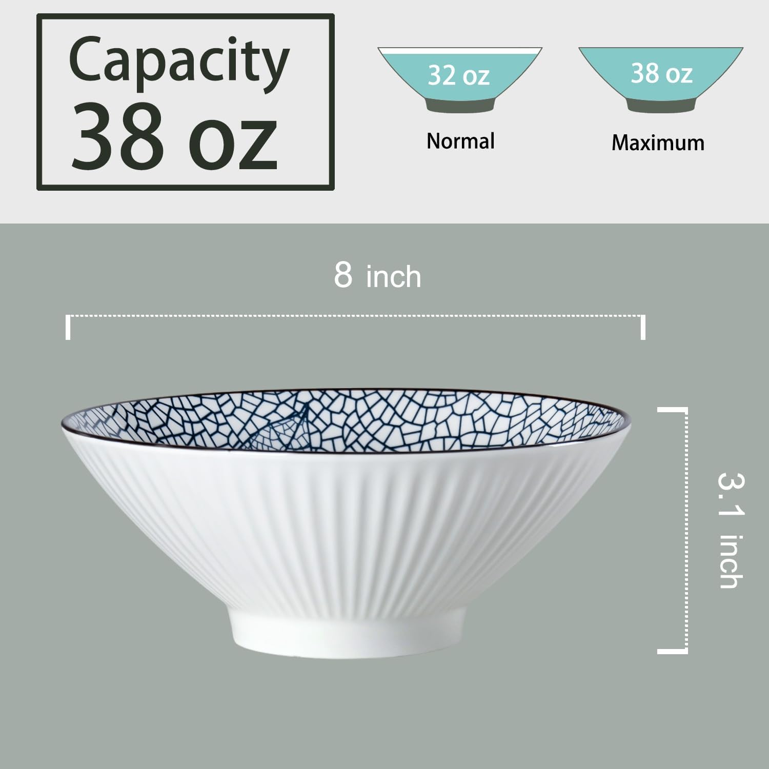 38 oz Japanese Ramen Bowl Set of 6 - Large 8 Inch Ceramic Soup Bowls, Blue and White Japanese Noodle Bowls for Pho, Ramen, and Salad - Leaf Patterns
