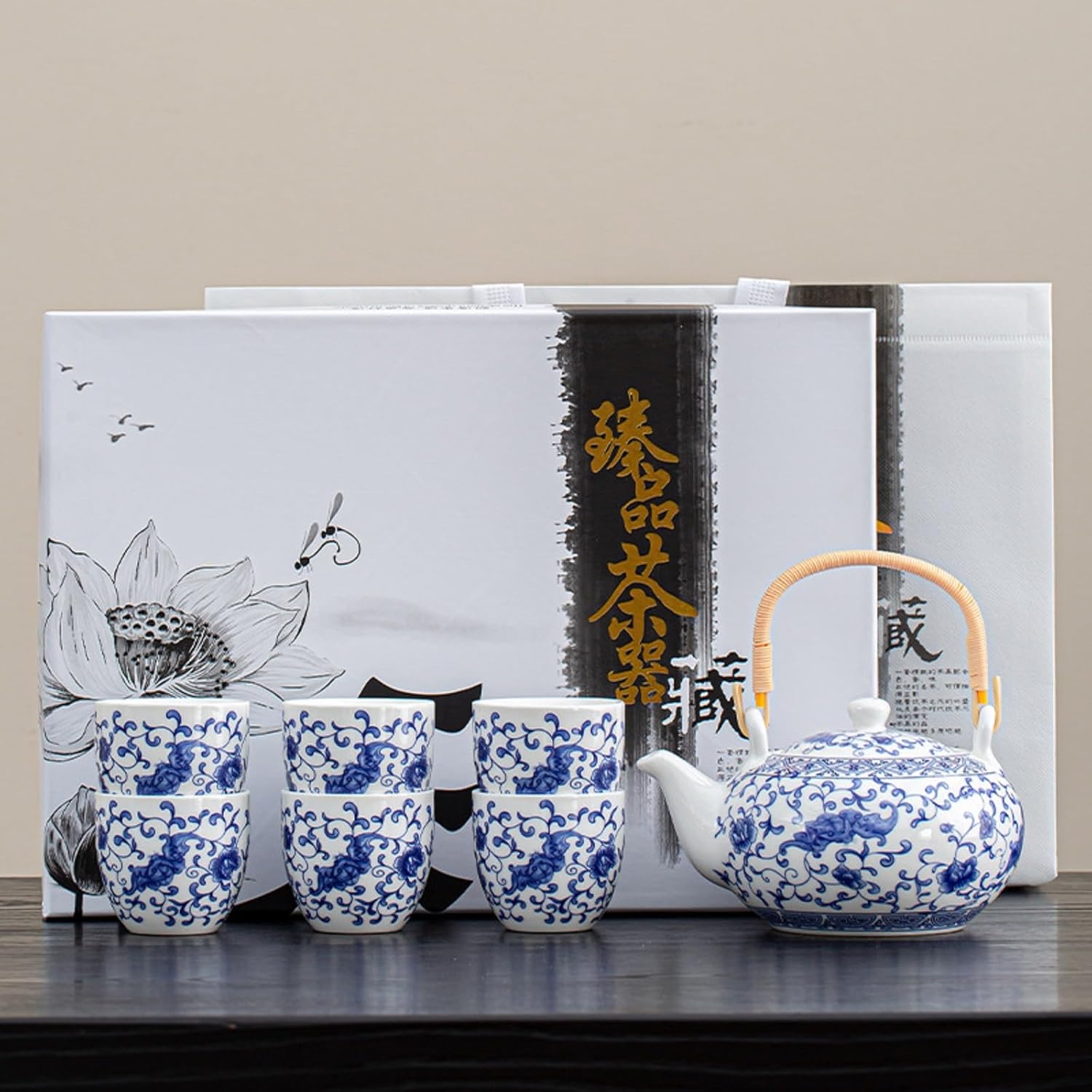 Layhit Japanese Asian Tea Set for Adults with 1 Teapot 6 Cups 1 Tray, 22 oz Traditional Portable Japanese Kiln Altered Glaze Porcelain Tea Set for Women Mother's Day Gifts(Blue)