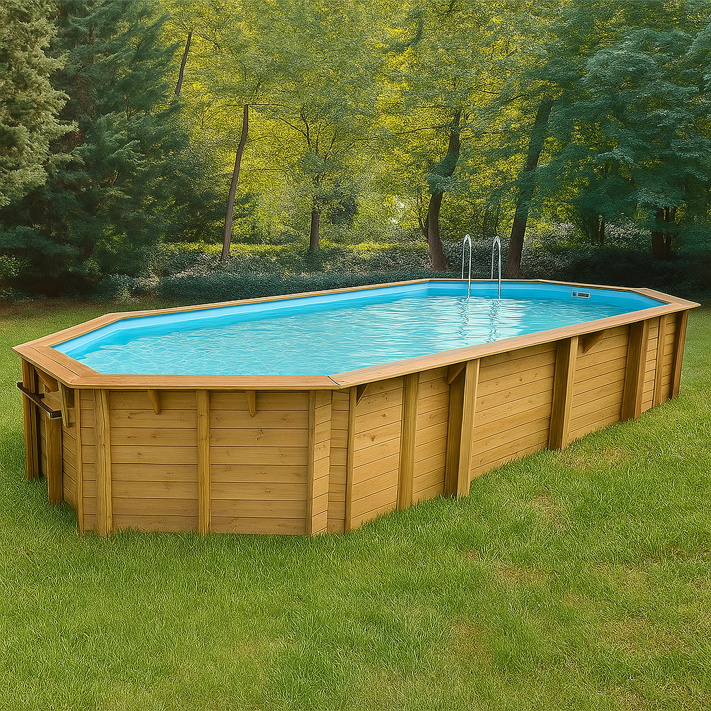 Piscina elevada forma octogonal rectangular madera natural madera jardín exterior