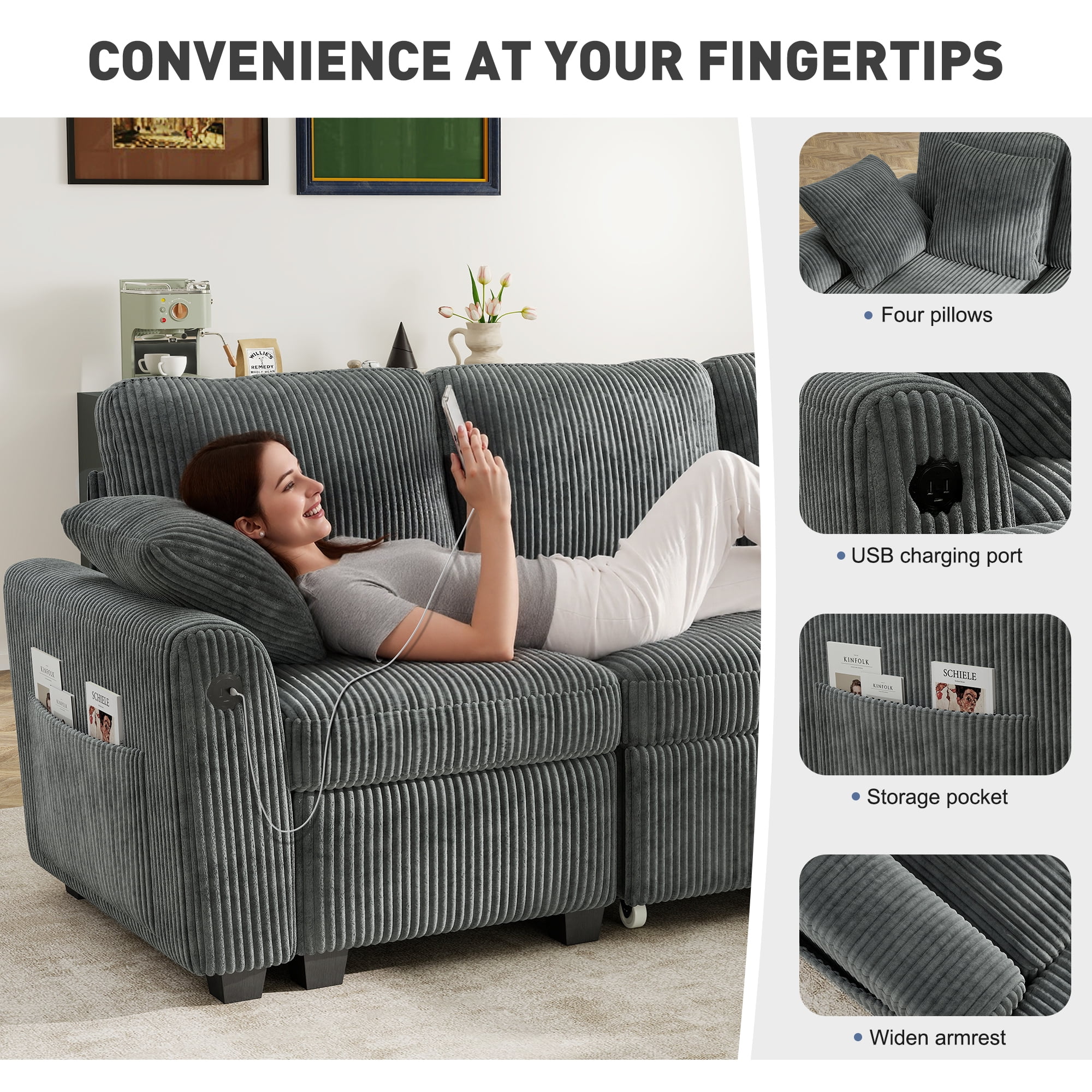 BedLuxury 83" Sectional Sleeper Sofa with Pull Out Bed, L Shaped Couch with Storage Seat for Living Room, Gray - Image 7