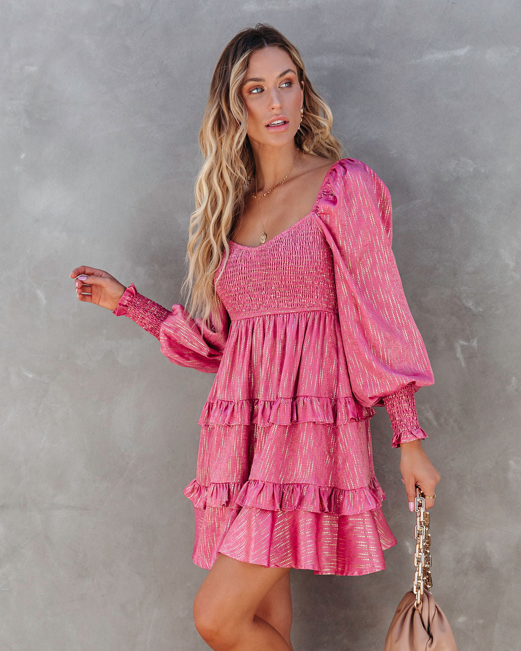 Shine On Metallic Tiered Babydoll Dress - Rose - SALE - Se7enfashion