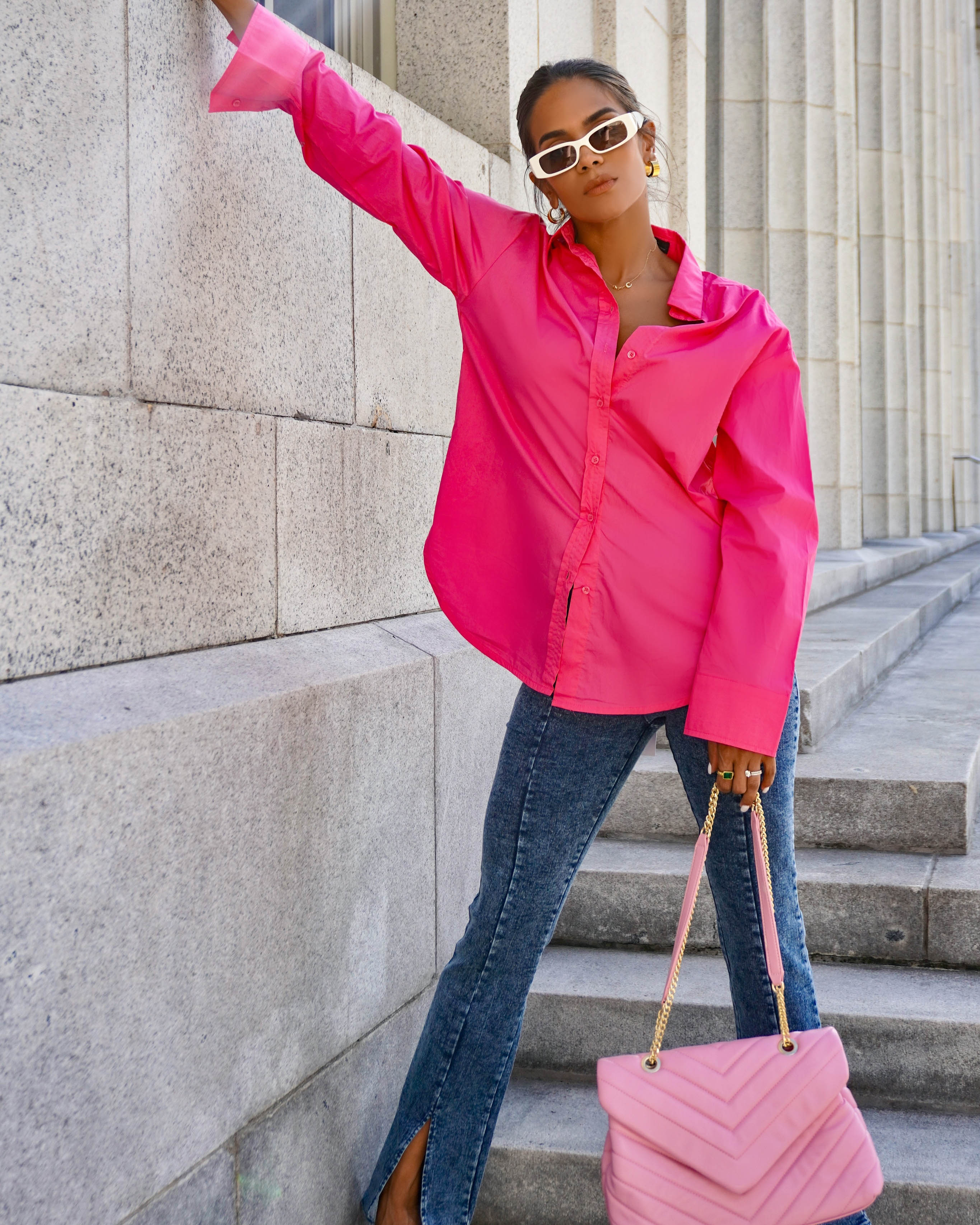 Leslie Button Up Cotton Top - Hot Pink - FINAL SALE - Se7enfashion