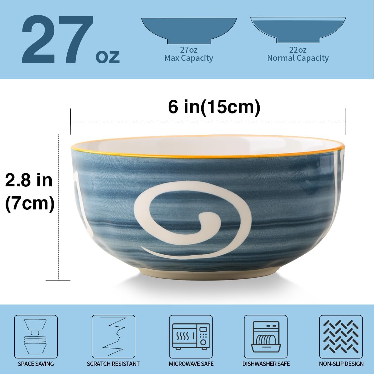 Yeacccng Japandi Cereal Bowls Set of 4, 6 Inch 27 Oz Blue Striped Ceramic Soup Bowls, Lead-Free Cadmium-Free, Dishwasher Microwave Oven Safe, Scratch-Resistant Serving Bowls
