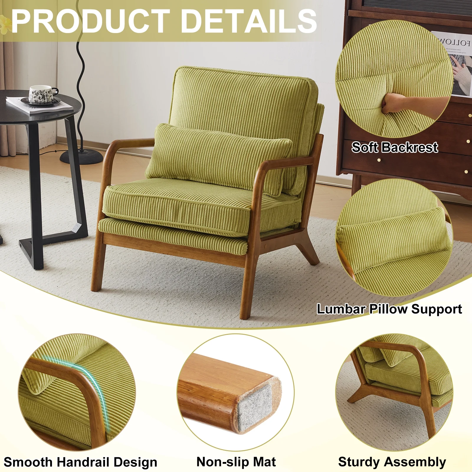 Ktaxon Accent Chair Corduroy Upholstered Armchair, Reading Club Chair with Pillow and Solid Wood Frame for Living Room Bedroom Furniture Off White - Image 130
