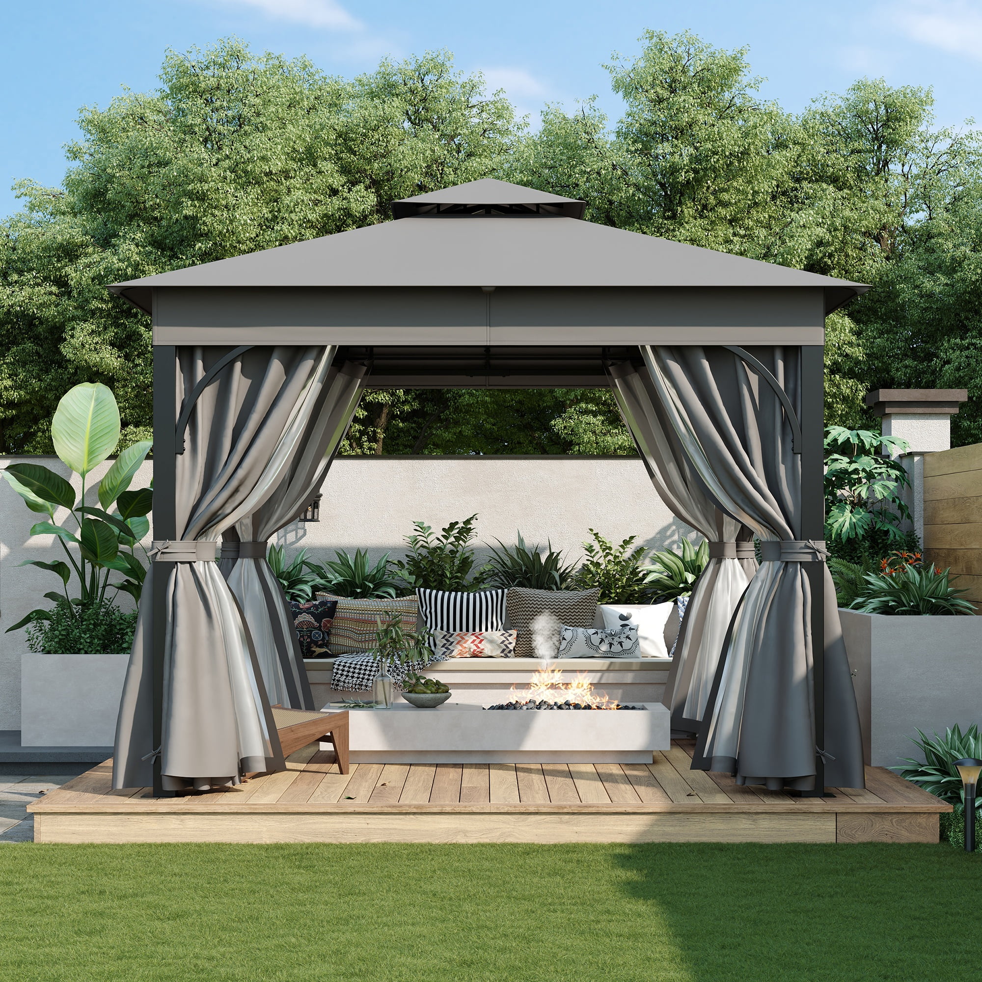 10'x10' Outdoor Gazebo,Patio Gazebo with Mosquito Netting and Privacy Screens for Backyard, Garden, Lawn and Deck,Grey - Image 2