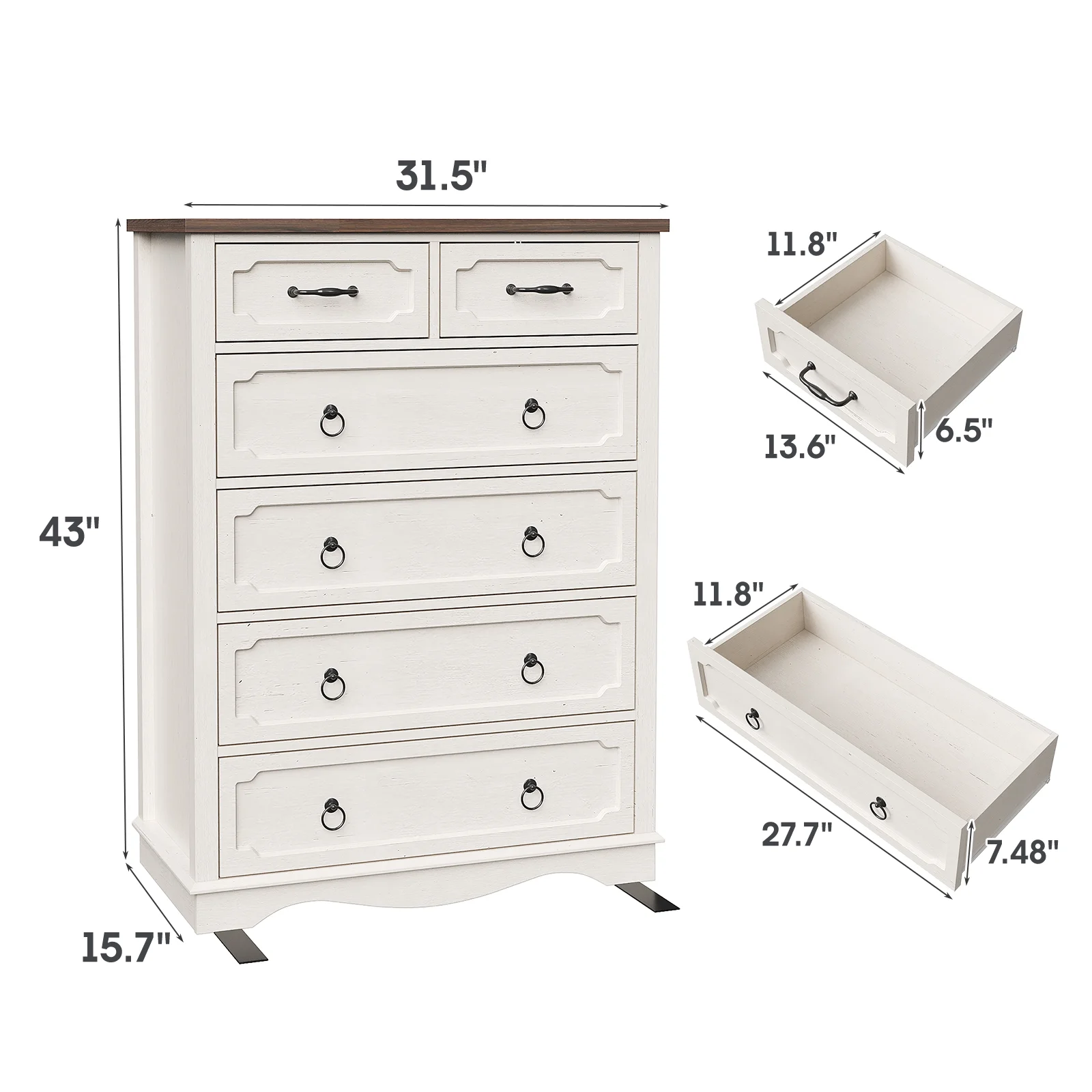 Vabches Farmhouse 6 Drawer Dresser, 43" Tall Chest of Drawers for Bedroom, Living Room, Hallway, Entryway, Antique White - Image 9