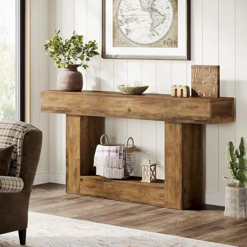 63-Inch Brown and Gray Slim Wooden Console Table for Entryway