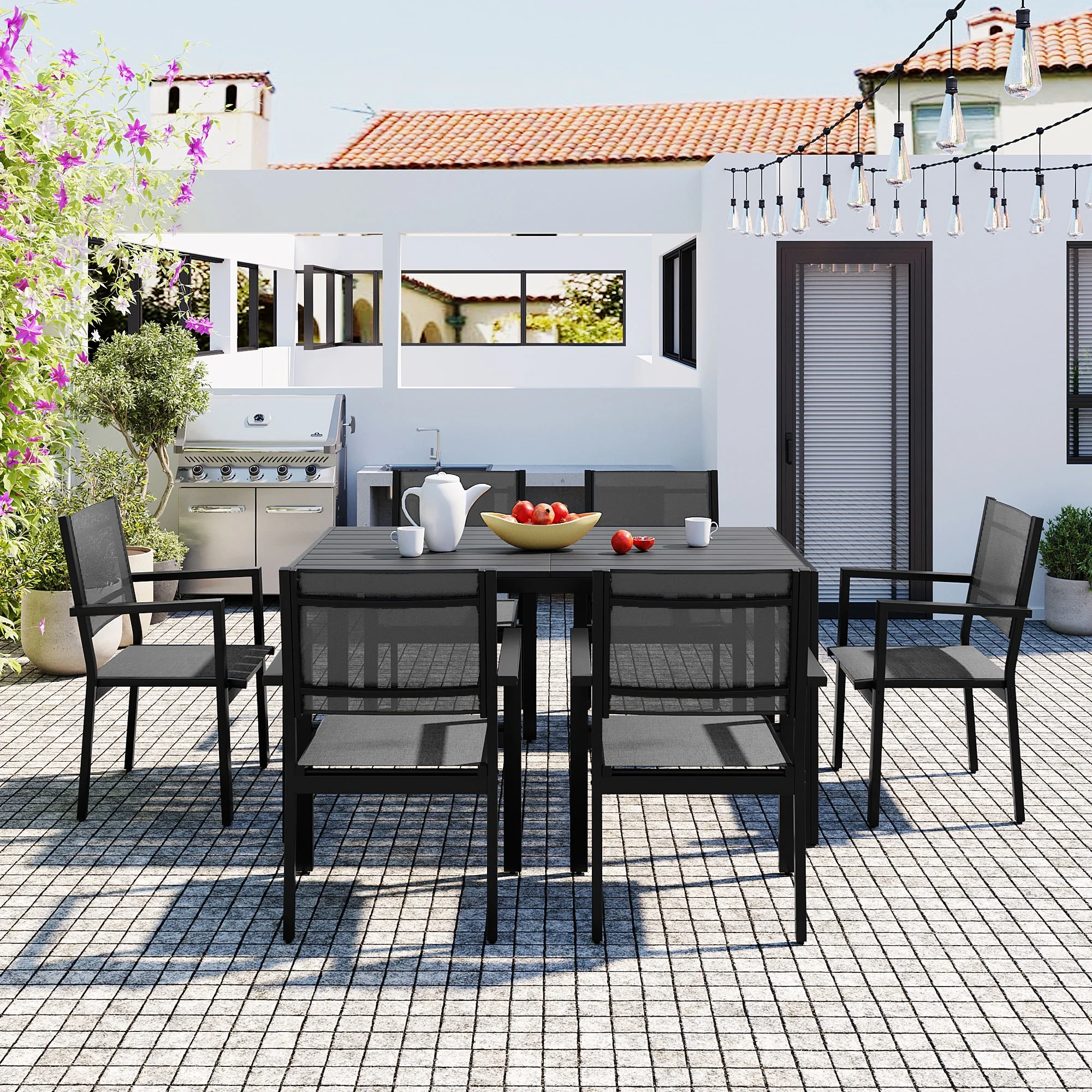 7 Piece Outdoor Dining Set, Patio Dining Table Set for 6 Persons, Garden Patio Textilene Dining Furniture Set with Plastic-Wood Tabletop, Dining Table Chairs Conversation Set for Deck Patio - Image 34