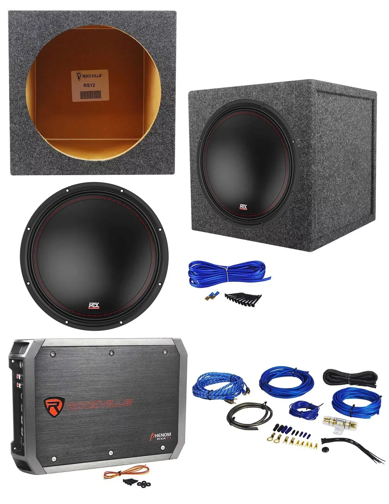 MTX 3512-04 12 in 500W Subwoofer Bundle With Rockville Sealed Enclosure, Amplifier And Wire Kit