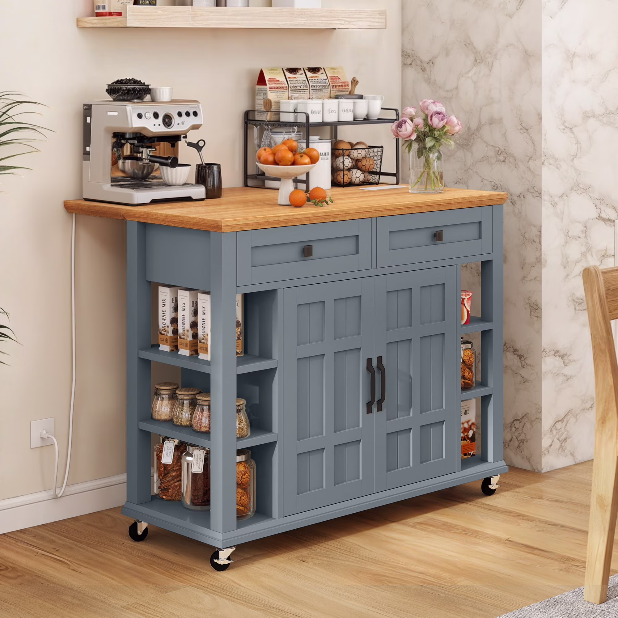 Uforic Kitchen Island Cart with Power Outlets, Kitchen Storage Trolley Cart with Storage Shelves Drawers, Off - White(Blue Gray)