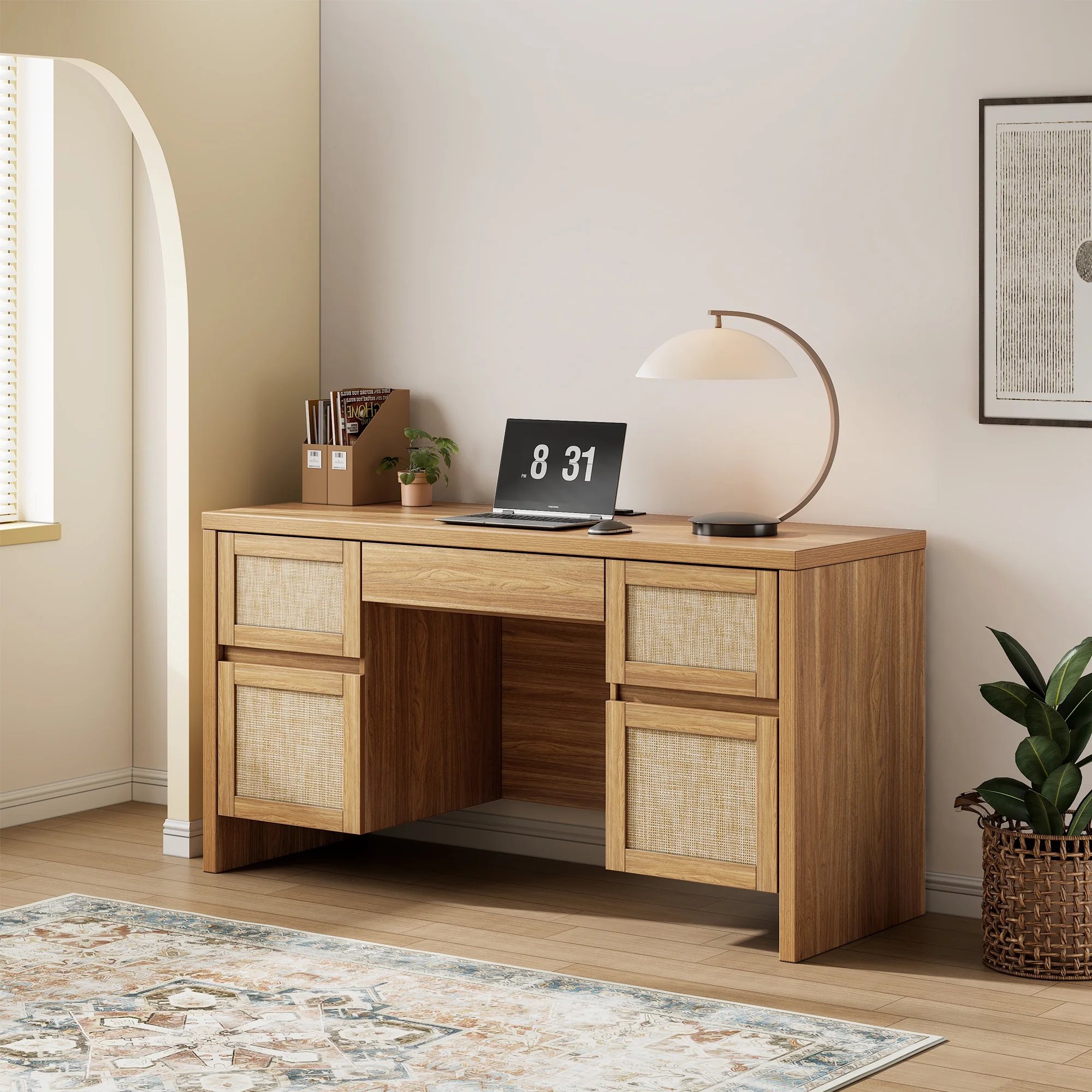 Brafab Home Office Desk with Charging Station, 5-Drawer Executive Desk with Rattan Front, Modern Farmhouse Computer Writing Desk, Built-in USB/Type-C Ports & Outlets - Image 9