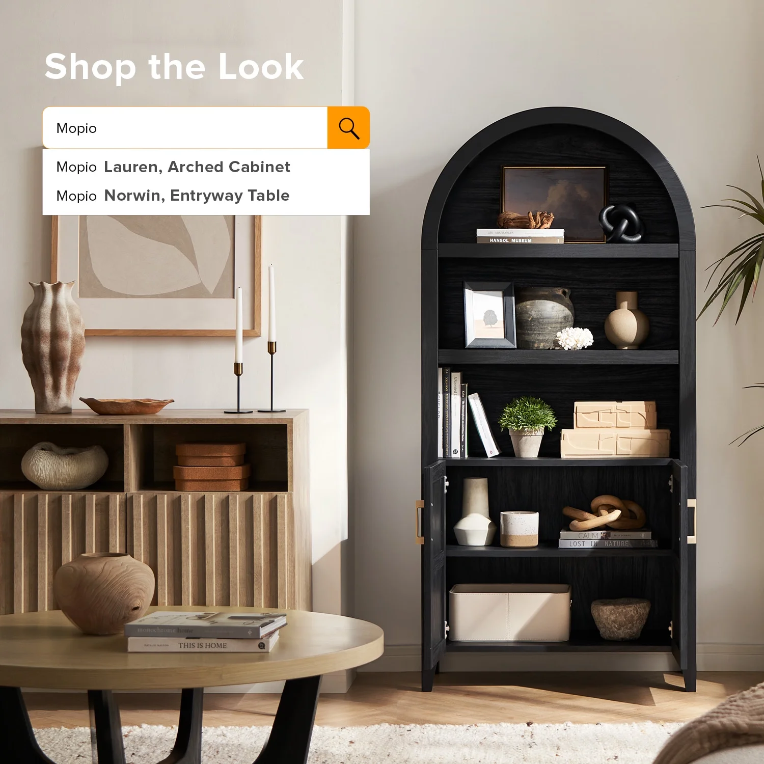 mopio Lauren 65.4" Arched Cabinet, 5-Tier Arched Bookcase with Doors and Shelves, Arched Bookshelf with Storage, Kitchen Pantry Cabinet, Wooden Storage Cabinet for Living Room, Kitchen (Oak) - Image 13