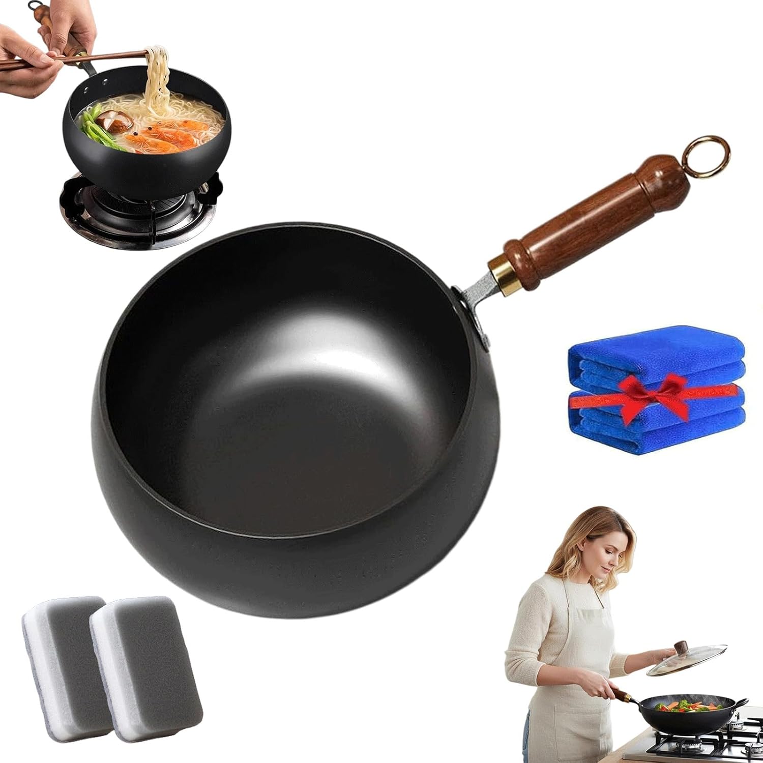 2026 New Japanese Cast Iron Wok Pan,9.45 In Hand Hammered Japanese Cast Iron Pot,Uncoated Healthy Cooking Pot With Lid,Uncoated Healthy Pot For Induction, Gas & Electric Stoves (Pot)