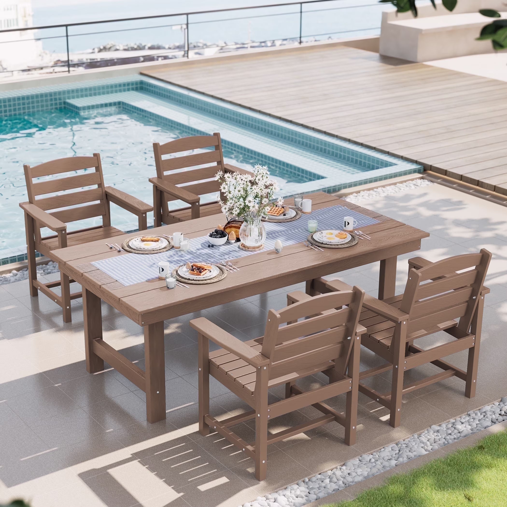 SERWALL Outdoor HDPE Dining Table Set, 7-Piece Outdoor Dining Table Sets with Umbrella Hole, Grey - Image 15
