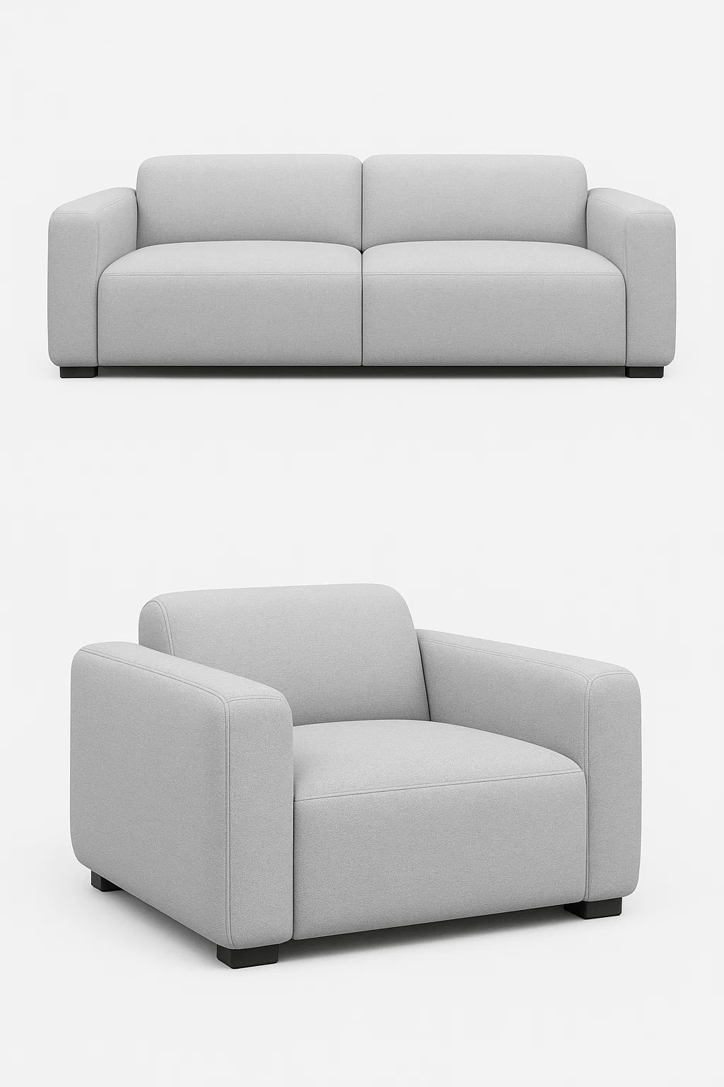 Conjunto sofás acolchado 2+1 plazas en tejido gris claro con diseño redondeado