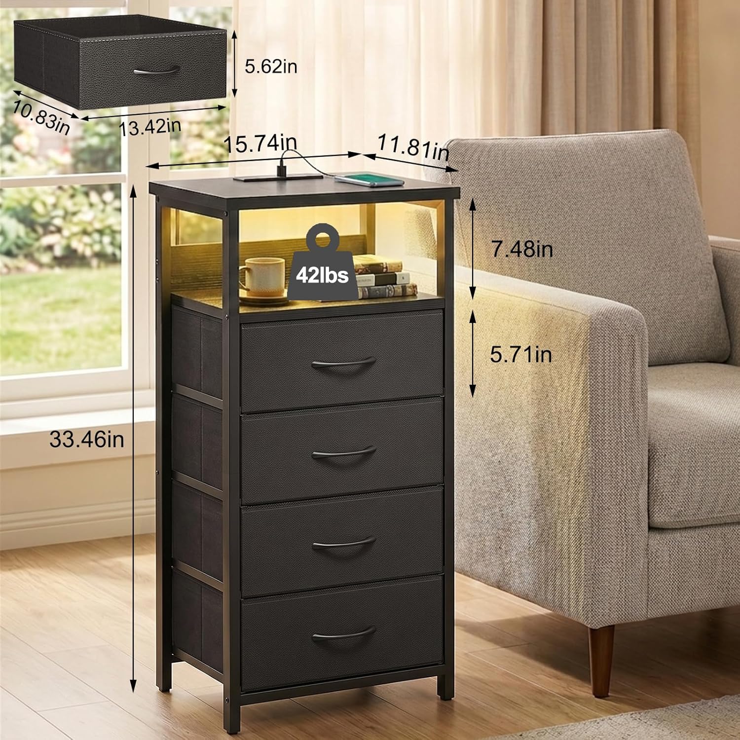 Black Tall Nightstand with Charging Station, 4 Fabric Drawers, RGB LED & Open Shelves - Image 5 Black Tall Nightstand with Charging Station, 4 Fabric Drawers, RGB LED & Open Shelves - Image 5