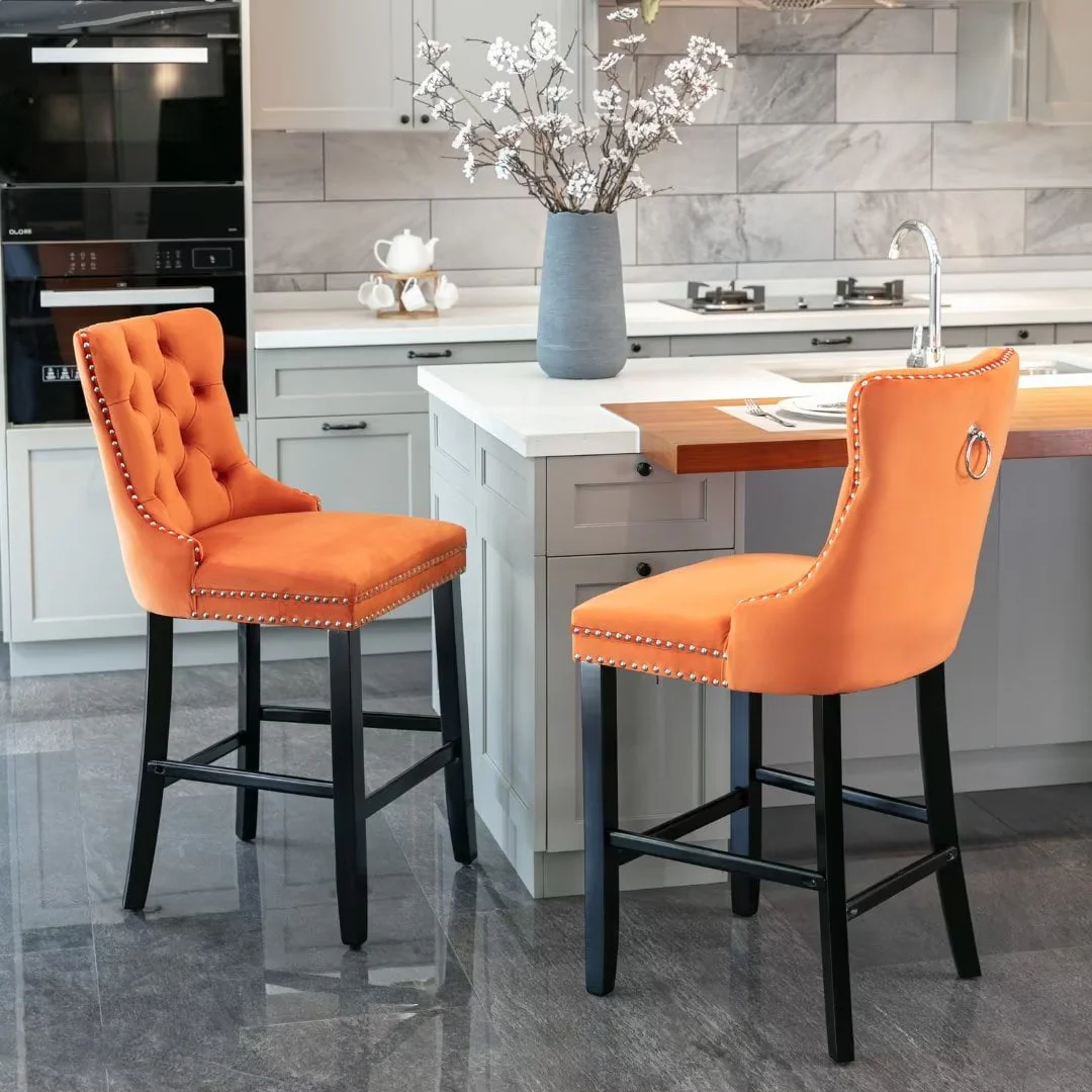 Velvet Bar Stools Set of 2, Upholstered Counter Height Bar Chair with Rivet and Button Trim, Bar Stool with Back and Footrest, for Dining Room, Kitchen, Pub, Gray - Image 14