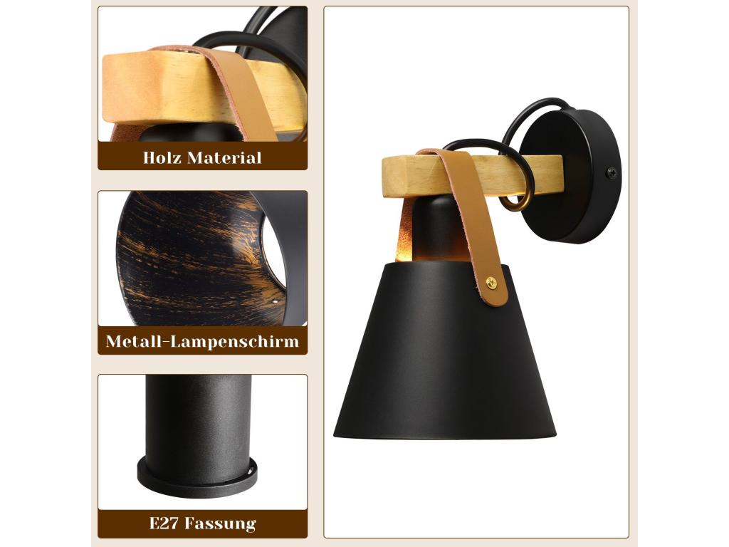 Casaplu Lámpara de pared vintage retro, E27, lámpara de pared negra, iluminación de pared industrial, hecha de madera, cuero y plástico, para salón, dormitorio, cocina, comedor, vestíbulo, escalera, cafés (sin bombilla).