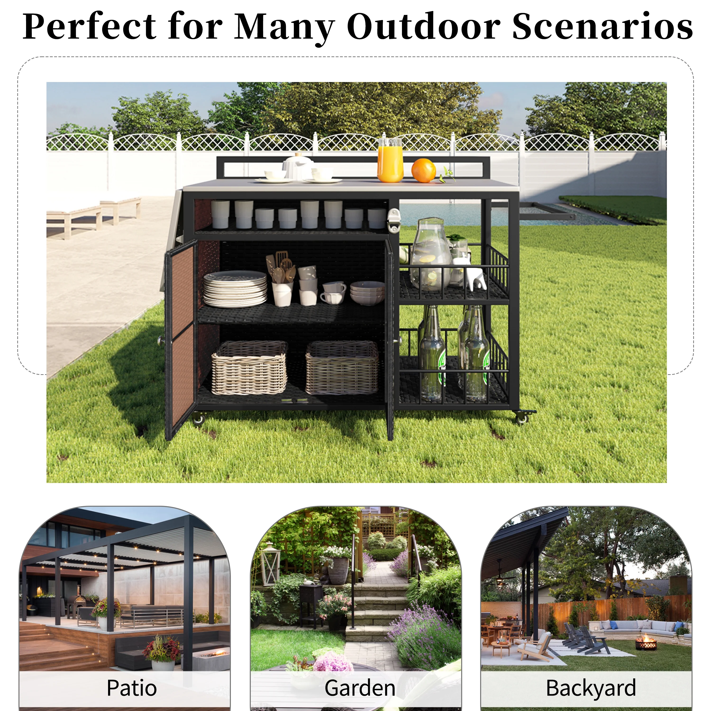 Euroco Outdoor Rolling Bar Cart with Foldable Stainless Steel Tabletop, Storage Cabinet, Bottle Opener & Lockable Wheels, PE Rattan Patio Kitchen Serving Station for BBQ & Entertaining - Image 6