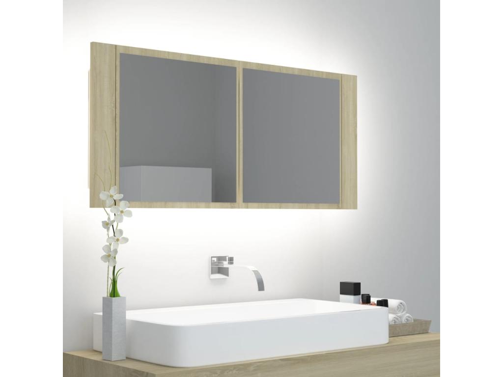 Armario espejo de baño LED acrílico roble Cozetiq 100x12x45 cm