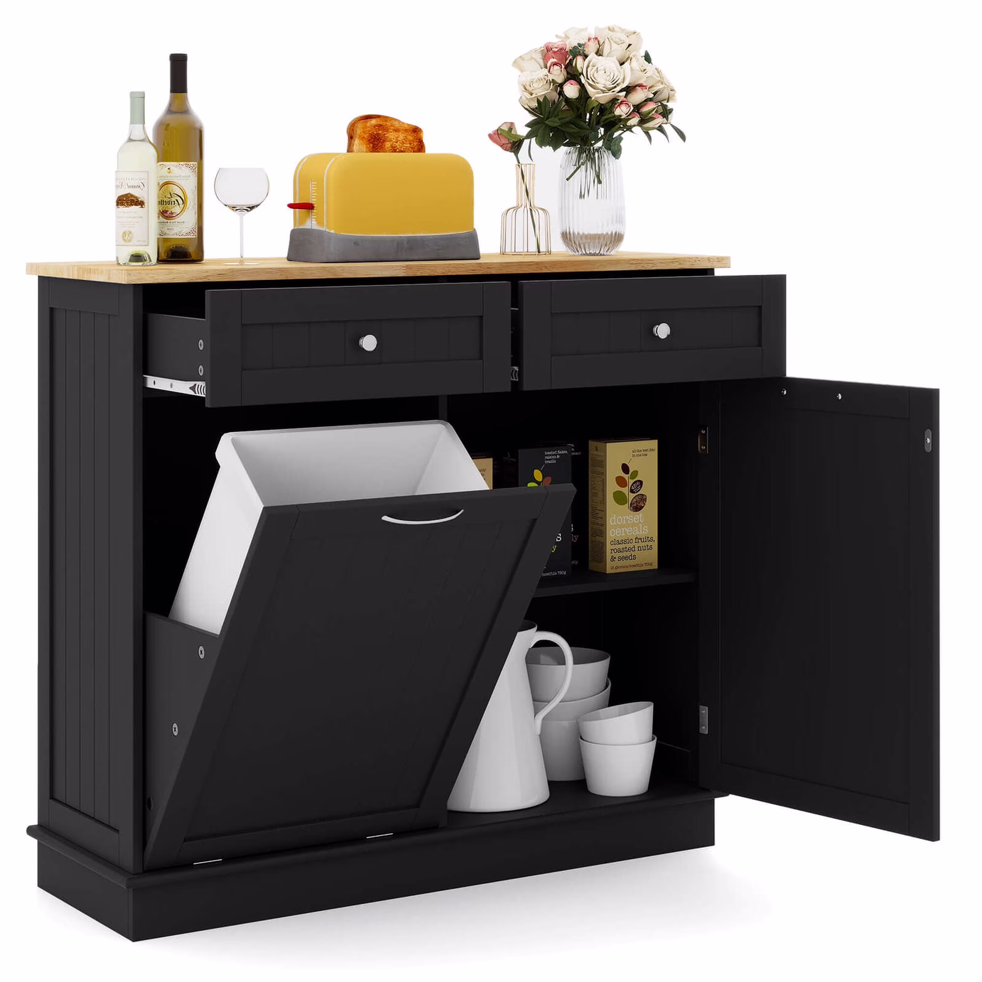 Costway 15.5 Gallon Kitchen Tilt Out Trash Cabinet Rubber Wood Tabletop 2 Drawers Shelf Gray