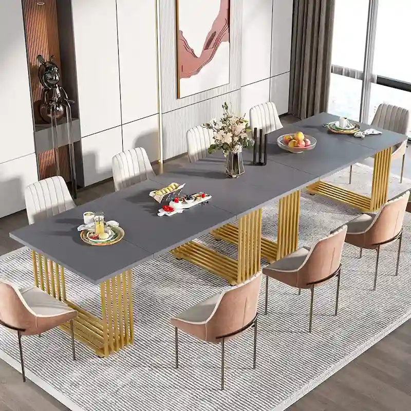 Modern Dining Table with Rectangular Top and Metal Base for 6 to 8 Seating