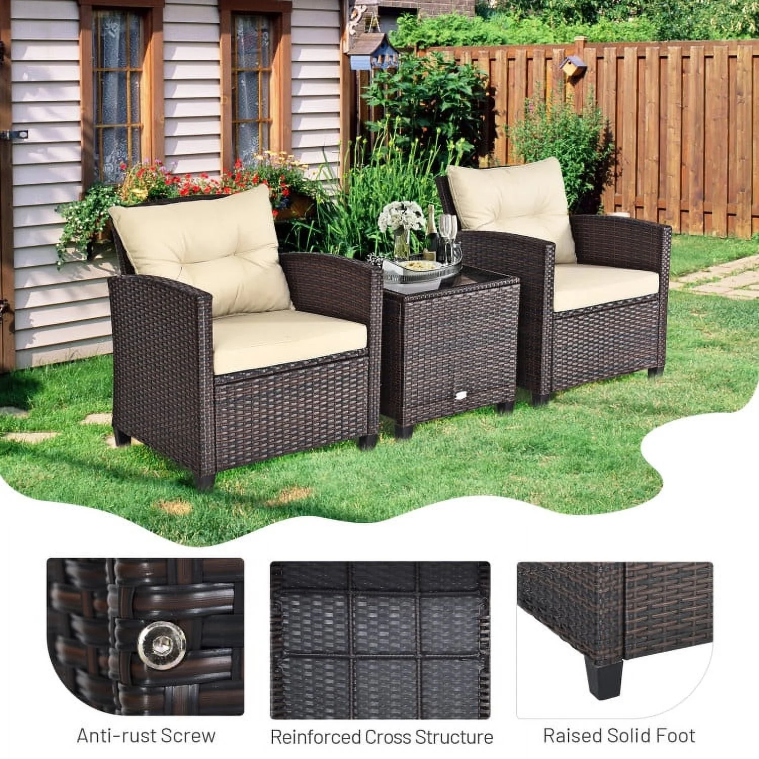 Spaco Patio Furniture 4 Pieces Patio Rattan Furniture Set, Outdoor Wicker Rattan Chairs Garden Backyard Balcony Porch Poolside loveseat with Coffee Table Cushioned Sofa-White - Image 5
