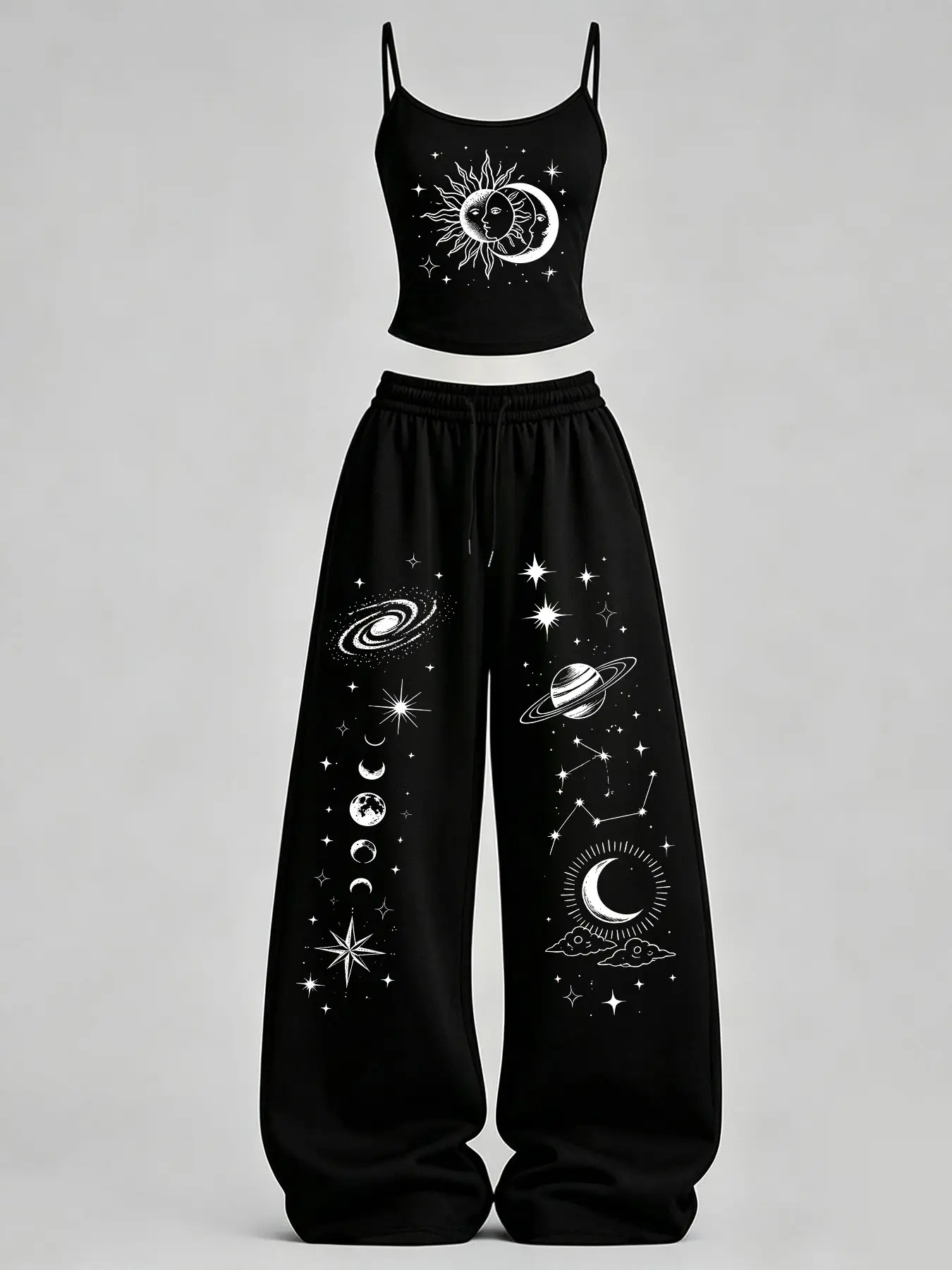 Women's Casual Tank Top Set, Sun Moon Star Print Slim Fit Vest + Loose Pants TeeThreads Sustain the Scene with Custom Apparel