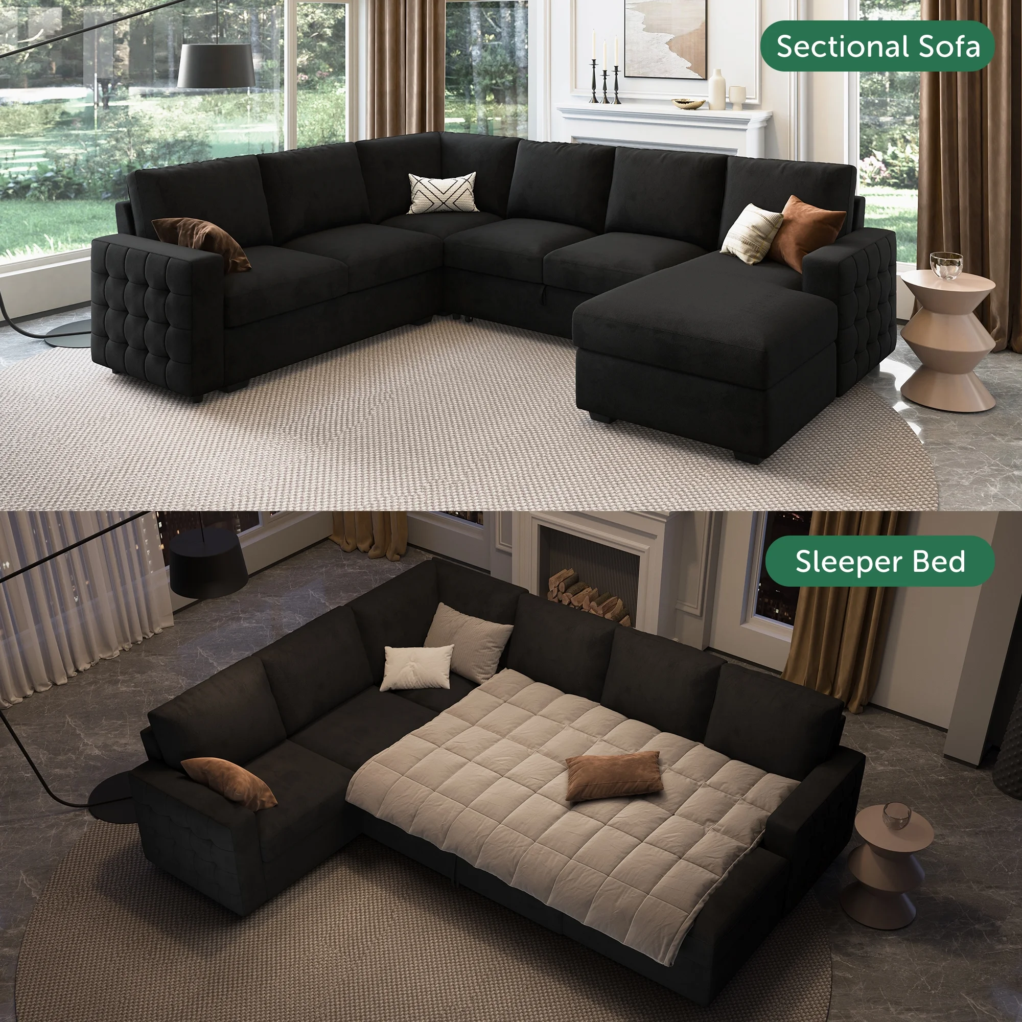 HONBAY Modular Sectional Pull-Out Sofa Bed with Storage Velvet U-Shaped Convertible Sleeper Sofa for Living Room, Blue - Image 21