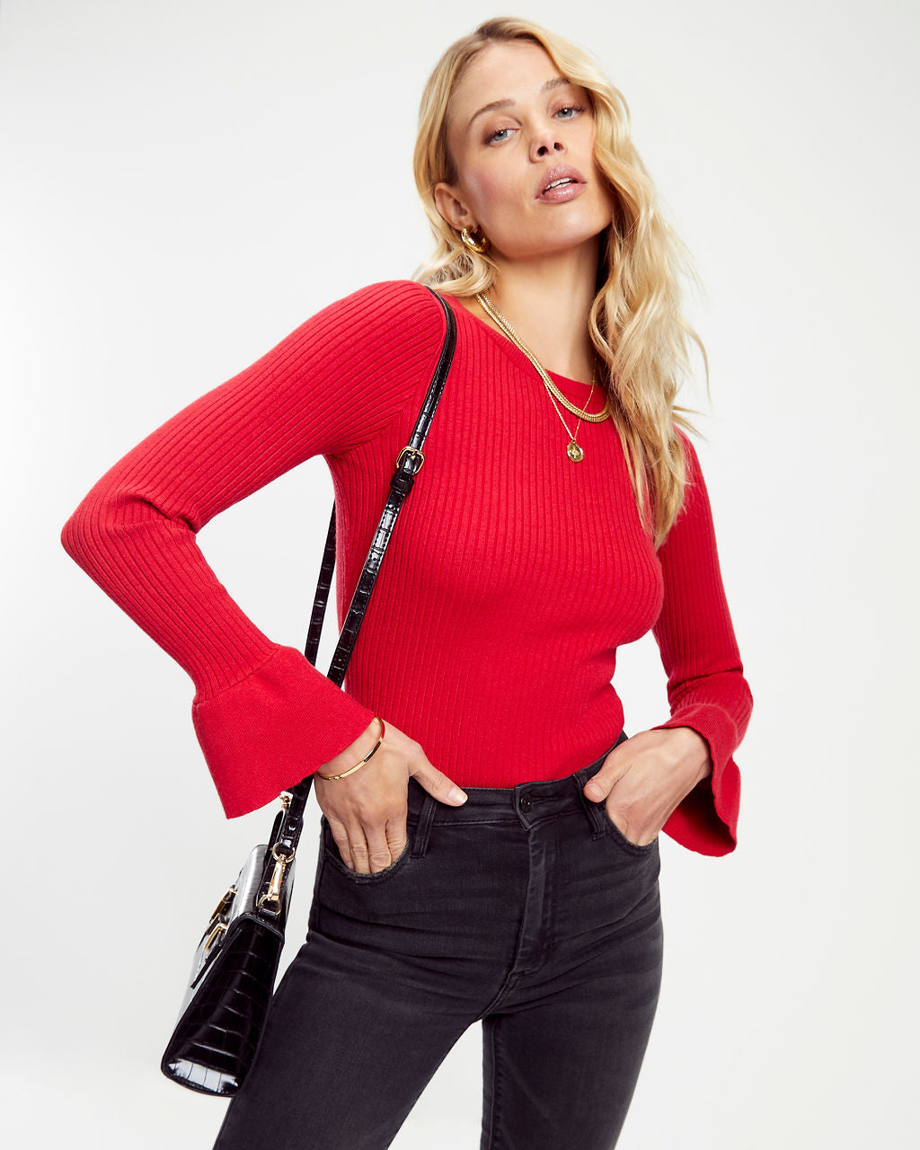 Esen Ribbed Bell Sleeve Knit Sweater - Red - SALE - Se7enfashion