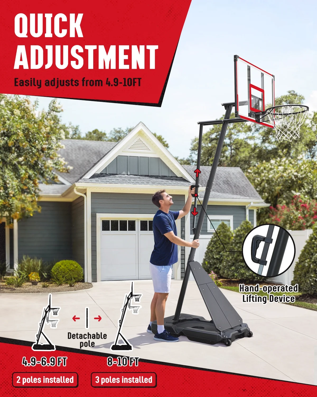 Seray Basketball Hoop with 4.8-10 feet Height Adjustable for Kids/Adults, Portable Basketball Goal with 44 inch Backboard and 2 Wheels for Outdoor/Indoor Sports - Image 15