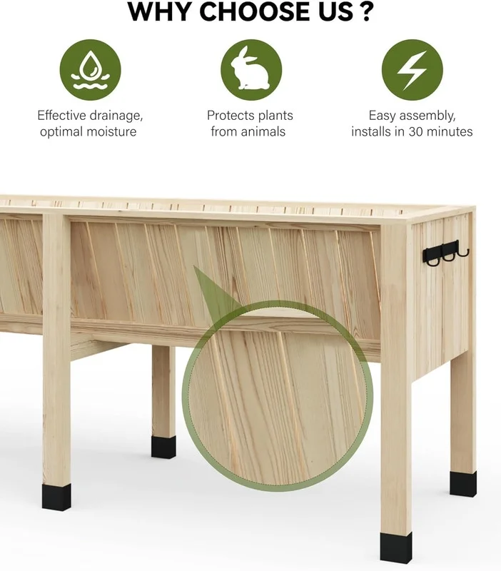 Towallmark 45x23x30 Inches Raised Garden Bed, Elevated Planter Box, Outdoor Wooden Garden Bed for Vegetables Herbs, Patio Balcony Backyard Cedar Raised Bed with Hooks and Legs - Image 3